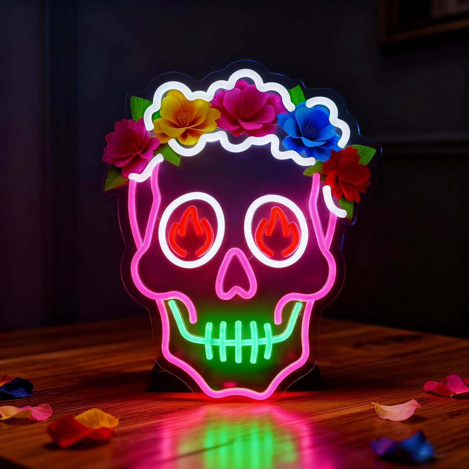Day of the Dead Neon Sign - 15"x12.2" Mexican Sugar Skull LED Light for Wall Decor, USB Powered with 5-Level Dimmer, Halloween Dia de Los Muertos Party Decorations
