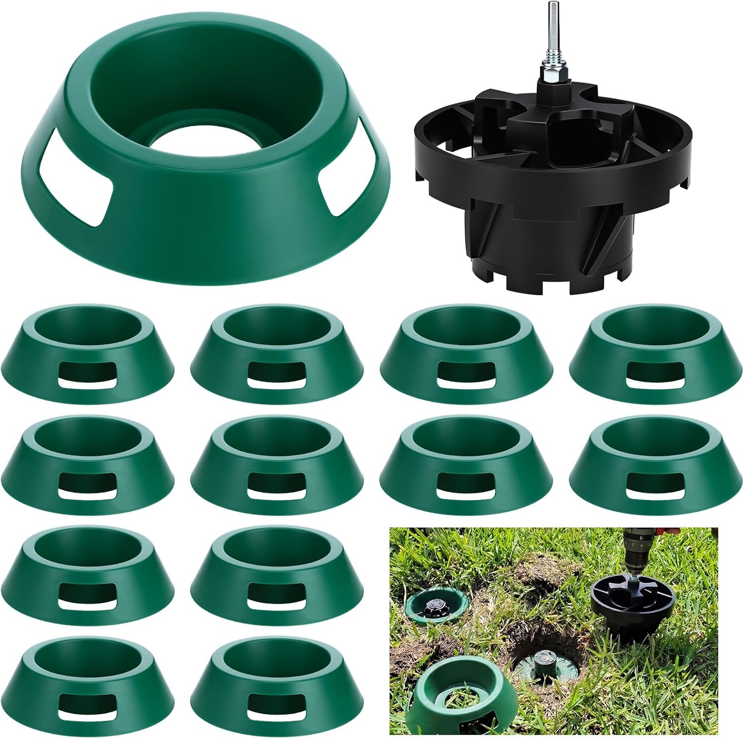 Weysat 10 Pack Sprinkler Protector Donut with Sod Cutter Drill Attachment Prevent Grass Overgrowth and Blocking - Dark Green