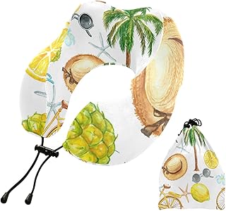 Oyihfvs Summer Bicycle, Sunglasses, Palm Trees, Lemons, Pineapple, Straw U Shaped Memory Foam Travel Pillow with Snap Clip, Soft Comfortable and Washable Neck Support for Sleeping Rest Office Travel