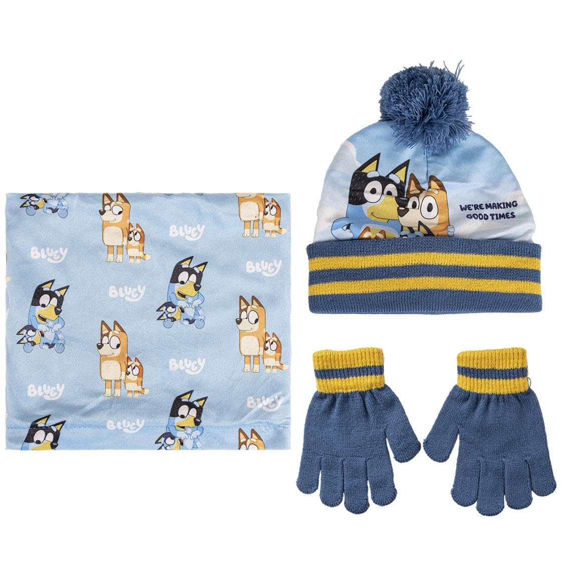 CERDÁ LIFE'S LITTLE MOMENTS Conjunto de Gorro, Guantes y Braga de Bluey - Colores Azul y Amarillo - Talla Única - Elaborados en Acrílico y Poliéster - Estampado de Bluey y su Familia - Producto Original Diseñado en España