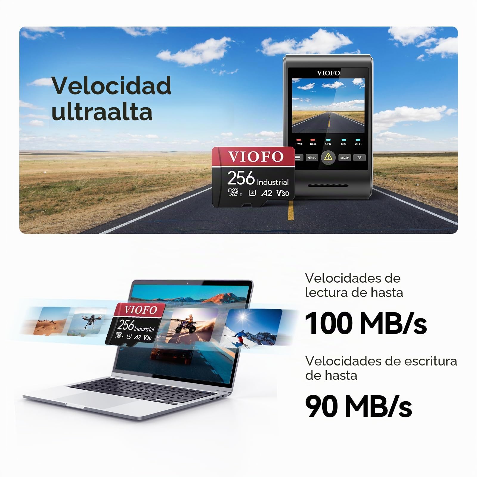 VIOFO Tarjeta de memoria de 256 GB, alta velocidad con adaptador U3, compatible con 4K WiFi Dashcam Auto Cámara