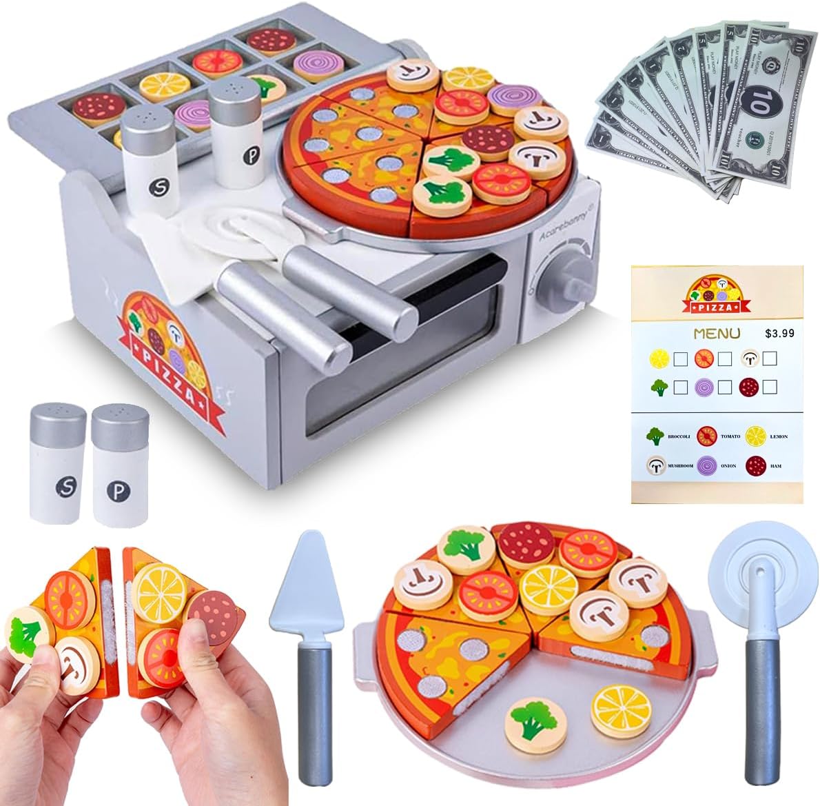 Kids Wooden Pizza Toy, Pretend Play Pizza Making Oven & Counter with Money, Menu & Food Cutting Play Set, Educational Role Play Cooking Simulation Gift Playset for Children Ages 3+