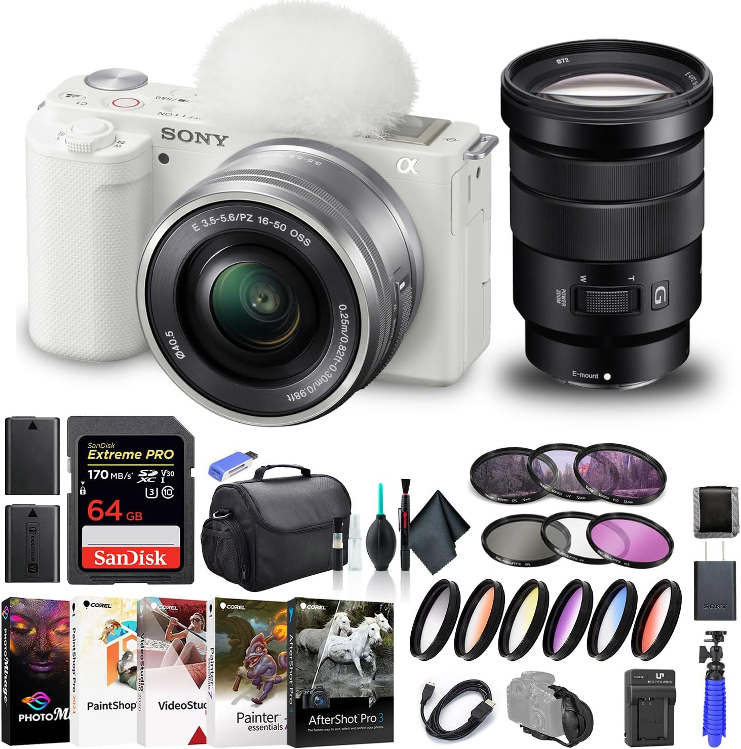 Sony ZV-E10 Mirrorless Camera with 16-50mm Lens White ILCZV-E10L/W, Sony 18-105mm Lens, 64GB Memory Card, Color Filter Kit, Filter Kit, Corel Photo Software, Bag, NPF-W50 Battery, and More
