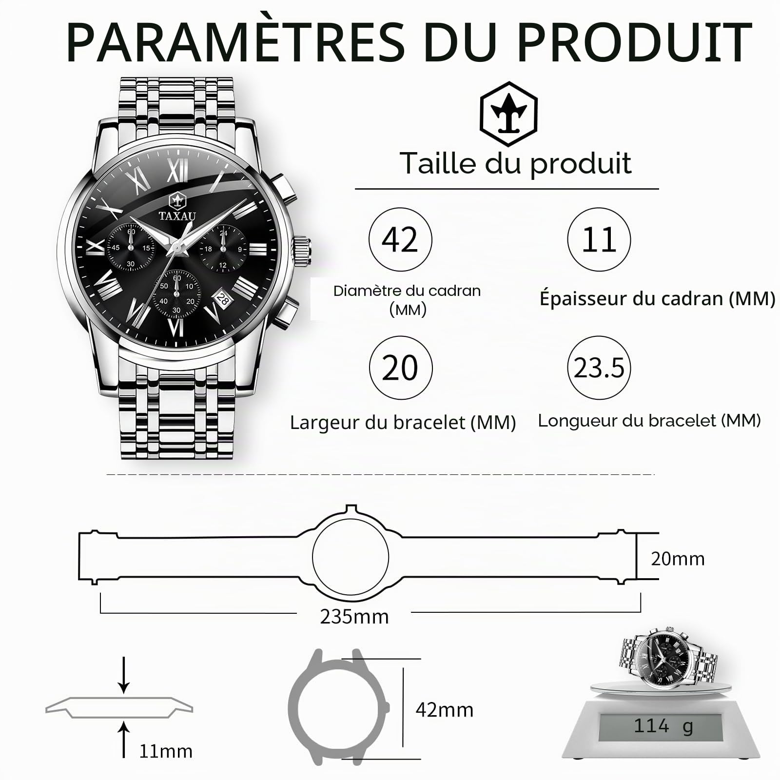 Taxau Montre multifonction pour homme - En acier inoxydable - Chronographe - Cadran romain - Montre de luxe - Étanche - Lumineuse - Avec date - Cadeau pour homme