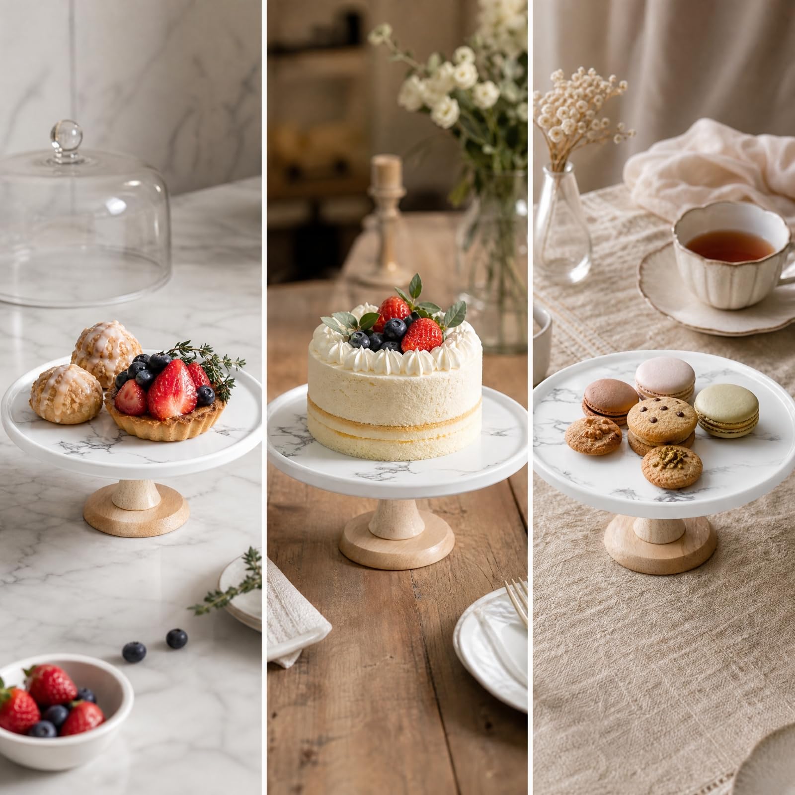 Présentoir à Gâteaux en Céramique Pied en Bois Élégant Support à Pâtisseries sur Piédestal Réutilible pr Repas n, Marbre, S