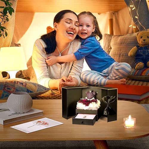 Miniatura 129 de ADDWel Rose Gifts for Women - Preserved Real Roses Forever Purple Flowers with I Love You in 100 Languages Necklace and Cute Moss Bear for