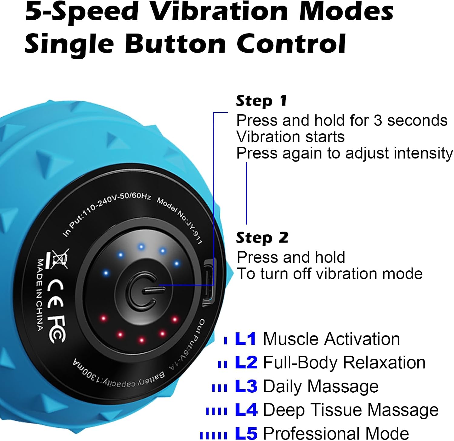 5-Speed Vibrating Massage Ball: Silicone Electric Massager with Auto Shut-Off, Physical Therapy Ball for Fitness, Mobility, and Relaxation, Wellness Gift (Blue)