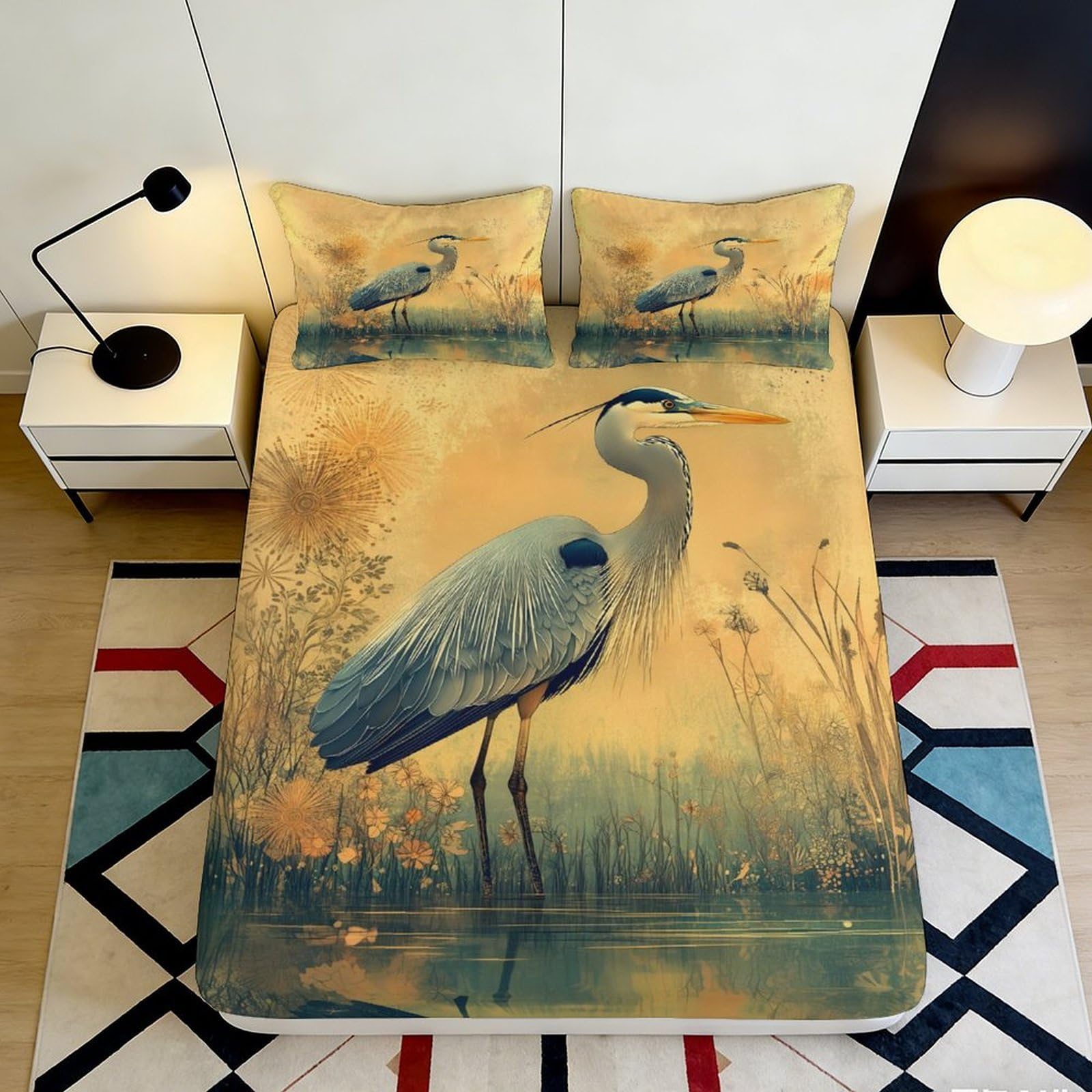 3D Printed Heron Fitted Sheet Microfiber Soft Breathable Wetland Scene Bed Cover for Bedroom Dormitory Guest Room Mattress Protection Decor 120x200x25cm