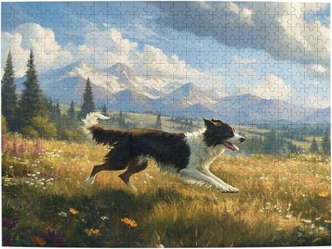500 Piece Border Collie Puzzle for Adults Running Dog in Meadow Flower Meadow with Mountain Landscape, Nature Scenery Jigsaw for Relaxation and Focus