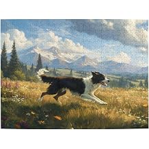 500 Piece Border Collie Puzzle for Adults Running Dog in Meadow Flower Meadow with Mountain Landscape, Nature Scenery Jigsaw for Relaxation and Focus