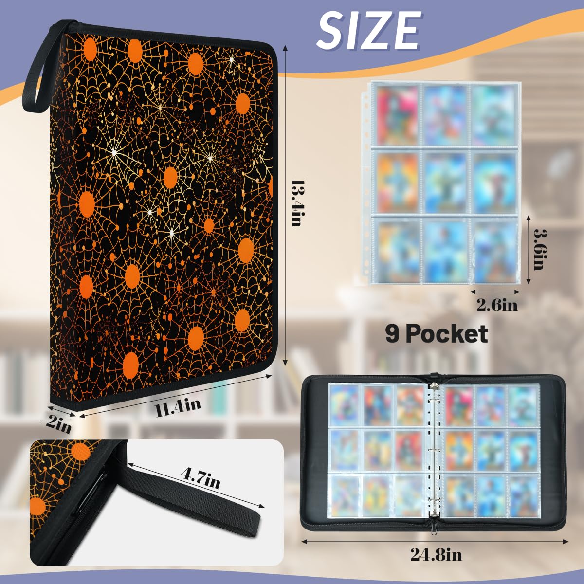 Raccoglitore per carte con 9 tasche, 900 tasche, con chiusura a cerniera (ragnatela arancione a maculati)