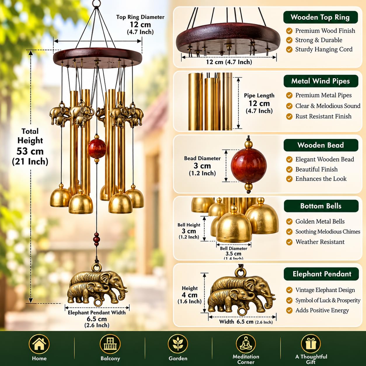 Elephant Wind Chime - Good Luck & Serenity -2