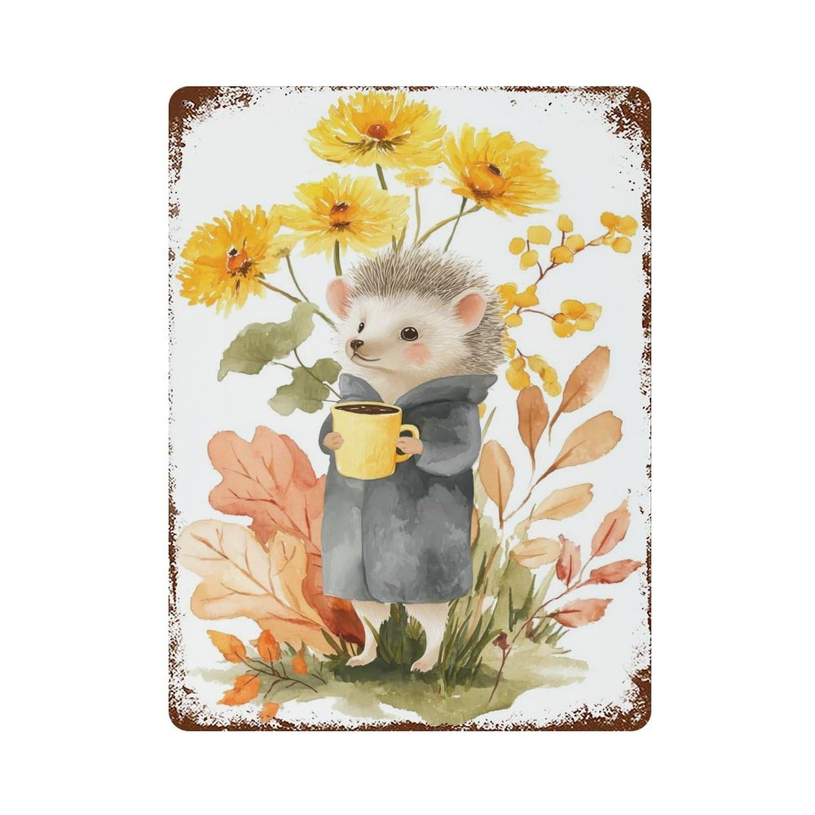 Distressed Metal Wall Sign Hedgehog with Coffee in Autumn 15.7"x11.8", Decorative Metal Wall Art for Farmhouse, Kitchen And Entryway Decor