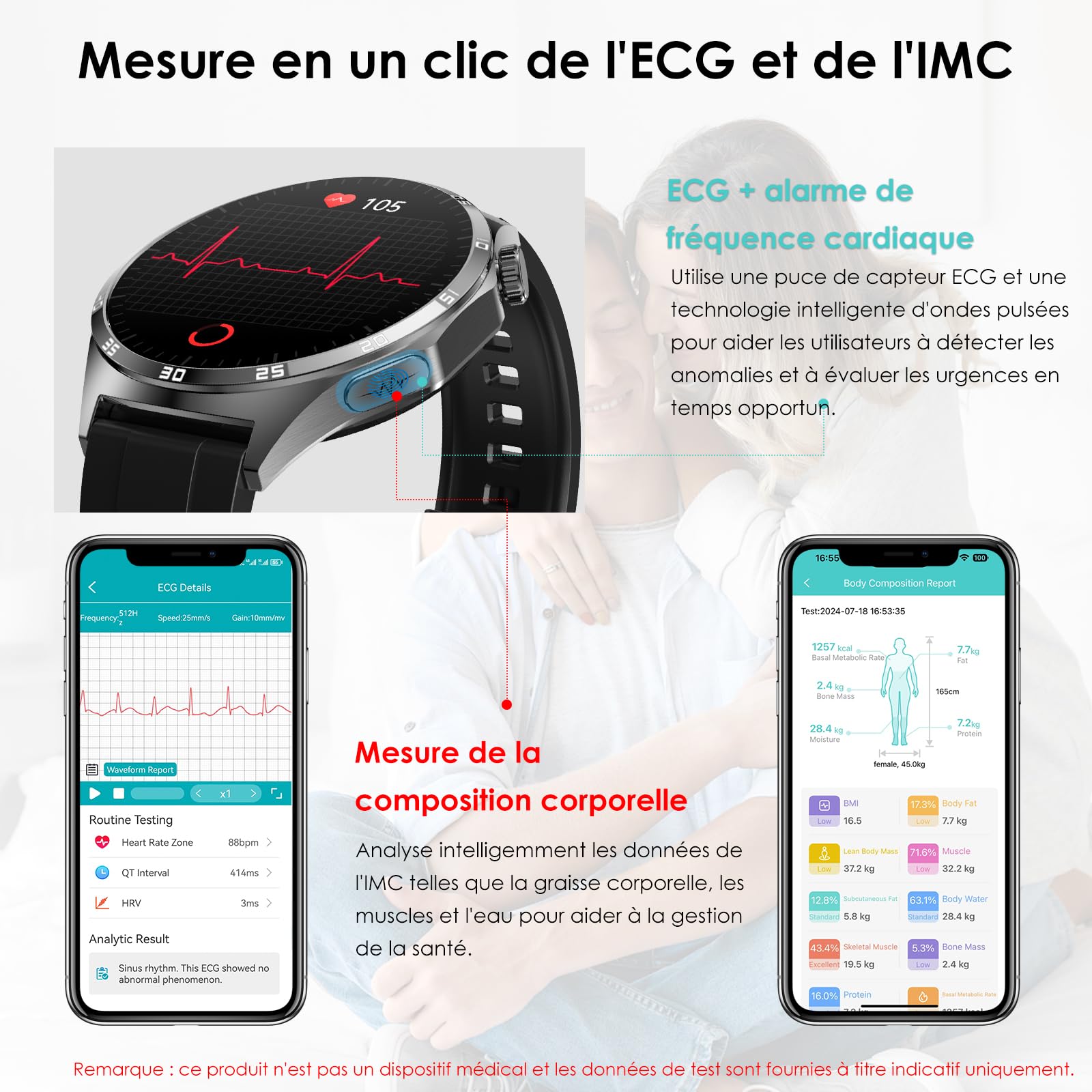 Montre Connectée Homme avec ECG/Sommeil/Tension Artérielle/Modes Sportifs | 1,43" Smartwatch Santé,Montre Sport,24H Fréquence Cardiaque/SPO2/Température Corporelle,Appel Bluetooth/SOS,Pour Android/iOS