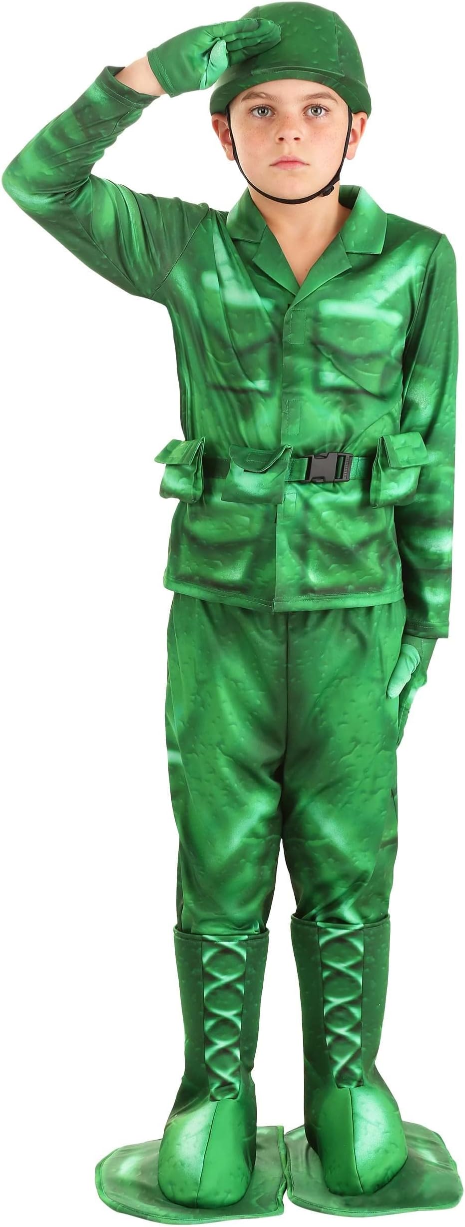 Plastic Green Army Man Costume for Kid's - Shirt, Pants, Belt, Hat, Gloves, Boot Covers