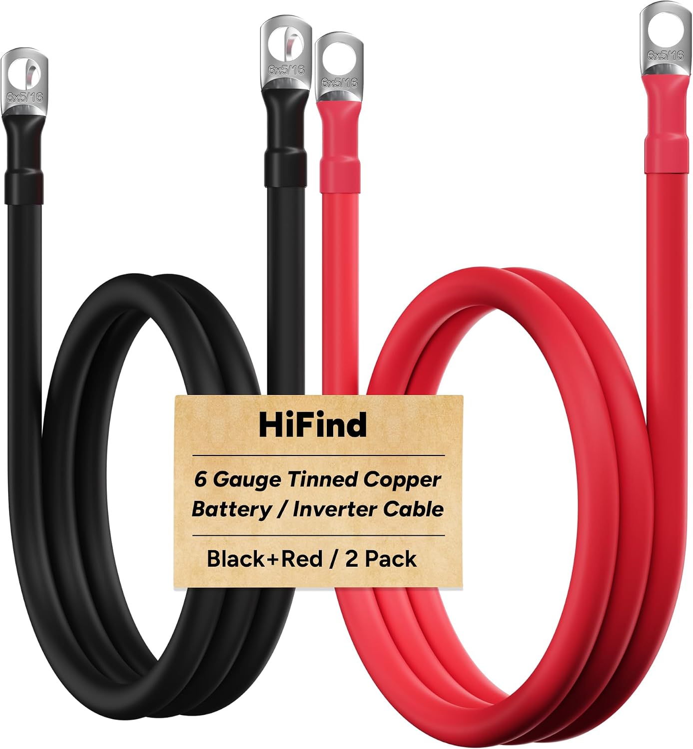 8 Gauge AWG Battery Power Inverter Cables 2 Ft Black+2 Ft Red, Tinned Copper Wire Set with 3/8 in Lugs Both Ends, Heavy Duty for Automotive Solar Marine Boat RV Car Motorcycle-UL-Outdoor