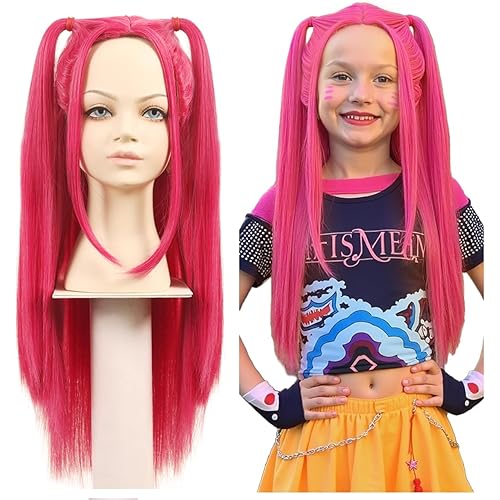 FantaLook Long Straight Hot Pink Cosplay Wig with 2 Ponytails for Halloween Party Costume（Small Size）