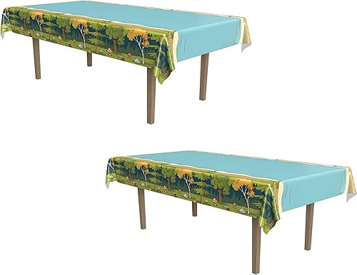 Beistle Woodland Friends - Manteles de mesa de plástico, suministros de fiesta de bosque para baby shower, cumpleaños y celebraciones temáticas al