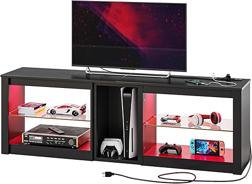 Miniatura 7 de Bestier Soporte de TV para TV de 70 pulgadas con tomas de corriente, centro de entretenimiento LED para PS5, consolas de TV para juegos con estantes