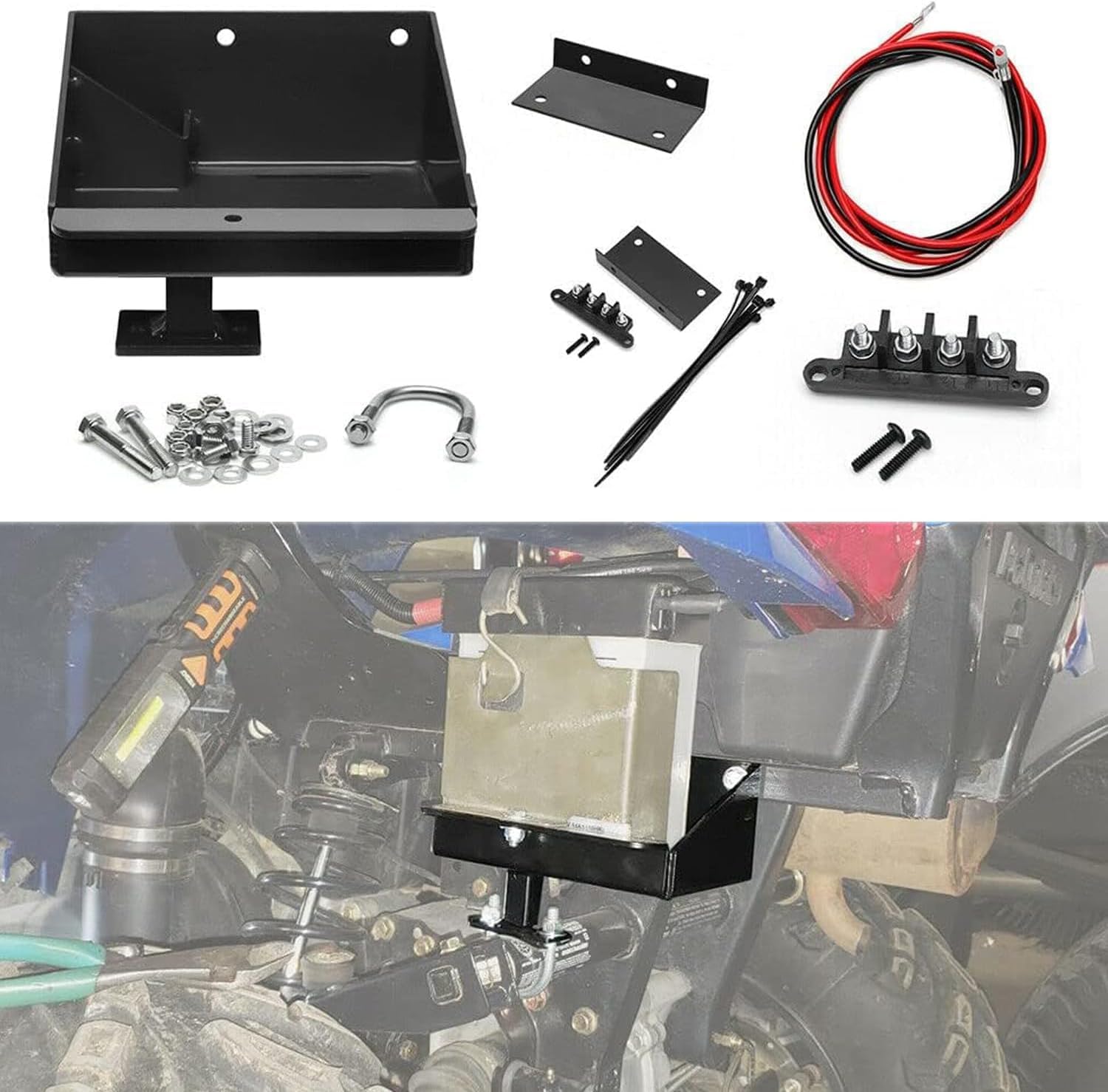 Canitu Battery Relocate Kit,Aluminum Battery Box Tray Wires Replacement Battery Box Relocation Kit, Battery Box, Wires, Remote Battery Terminals for Polaris Sportsman 450 570 2014-2021 (BLACK)