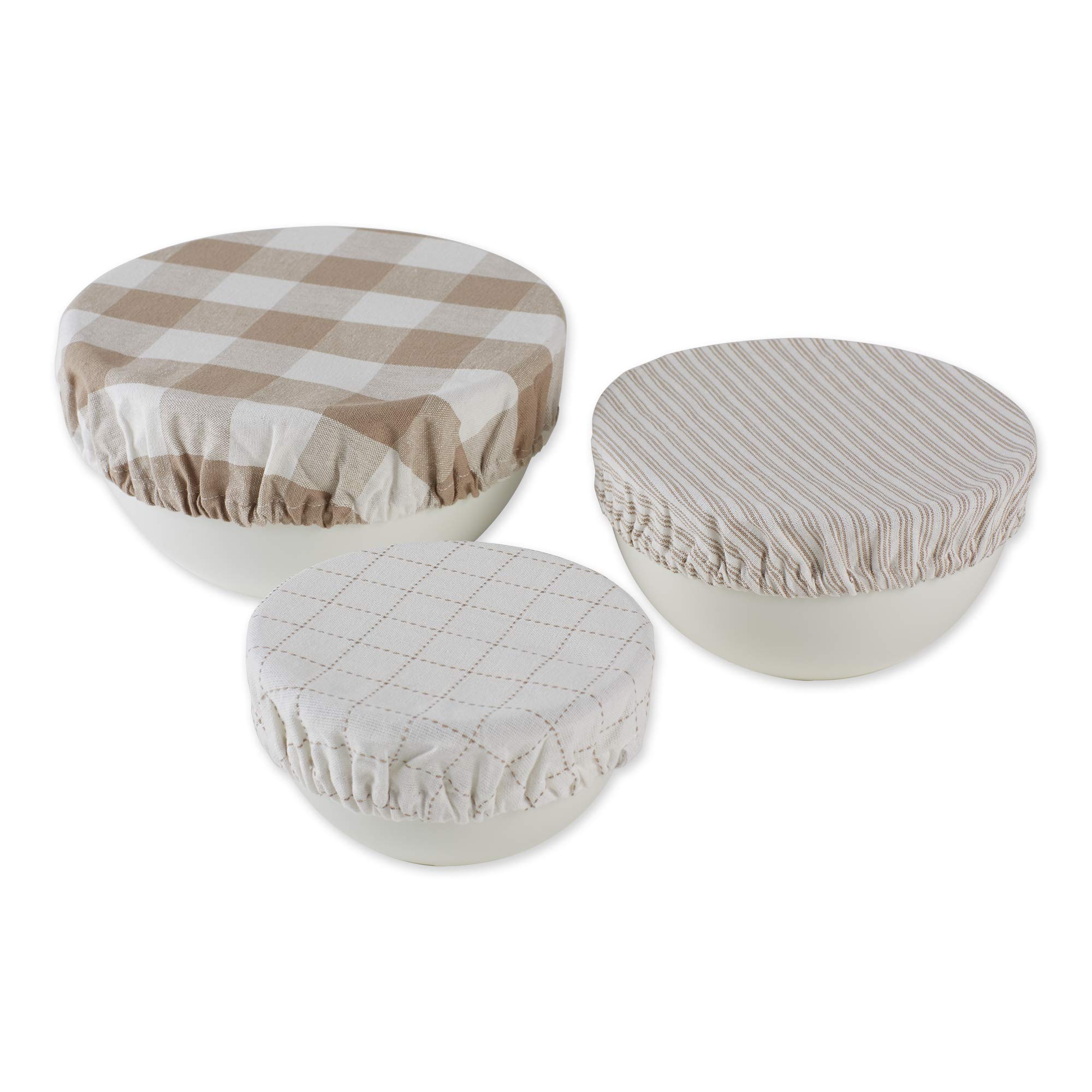 DII Reusable Cloth Bowl Cover Collection Machine Washable, Cotton with Elastic Stretch for Food Storage, 10.25"/8.25"/7.5" Diameter, Farmhouse Plaid, Stone, 3 Piece