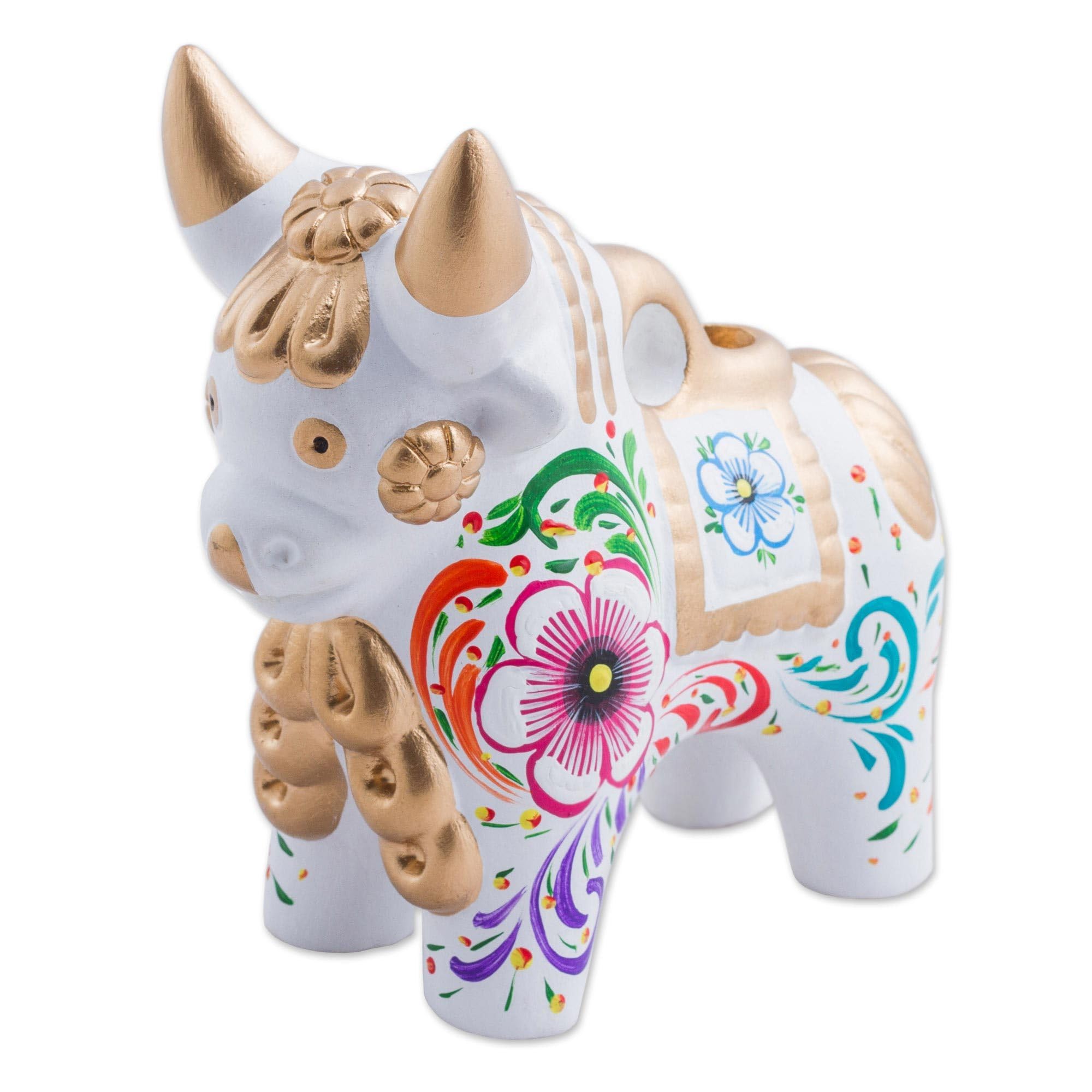 NOVICA Artisan Handcrafted Ceramic Figurine White Bull from Peru Multicolor Sculpture Animal Themed [5.5in H x 5.5in W x 2.8in D] ' White Pucara Bull'