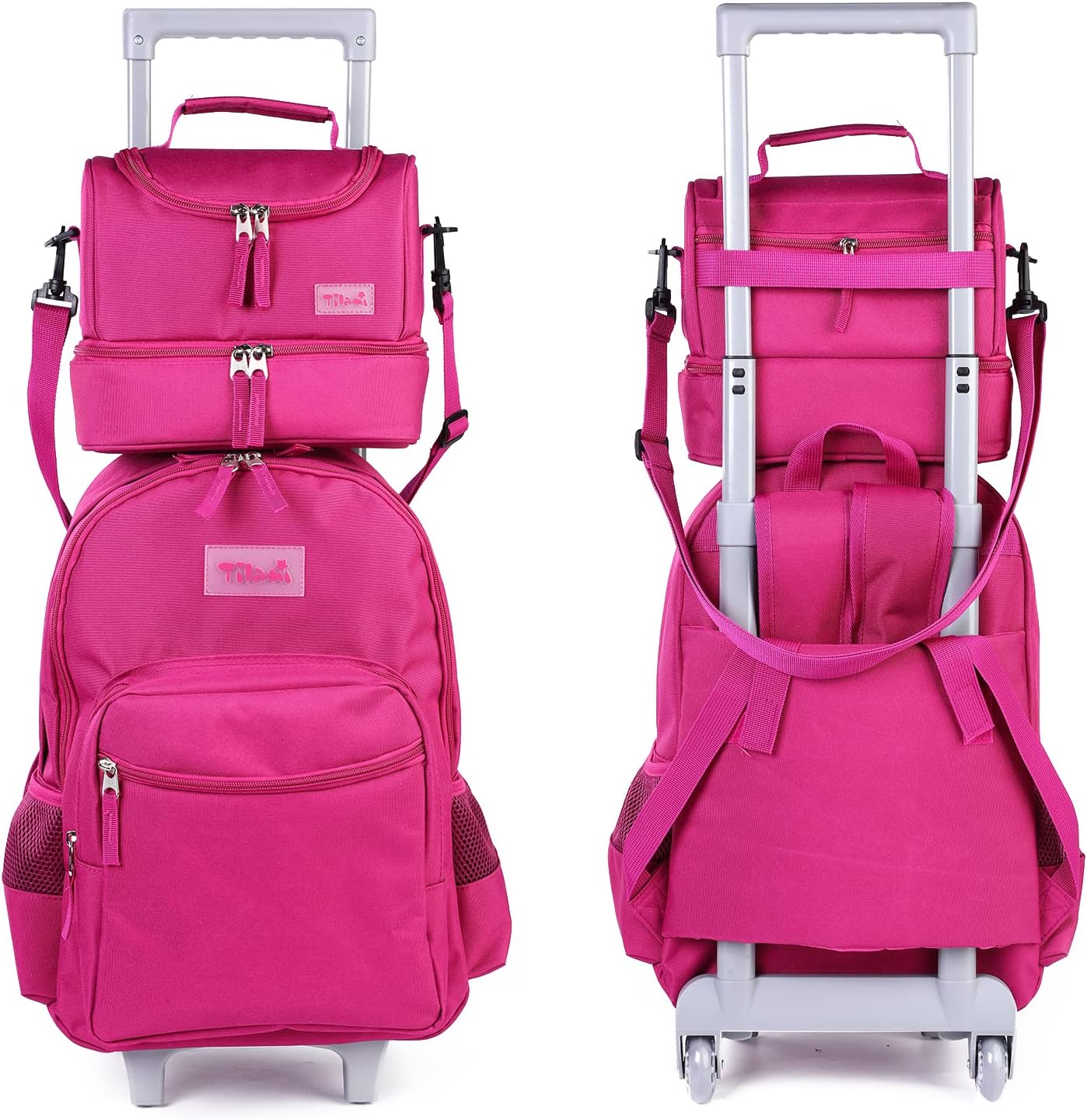 Tilami Rolling Backpack 18 inch Double Handle with Lunch Bag Wheeled Kids Backpack, Deep Pink - Image 2