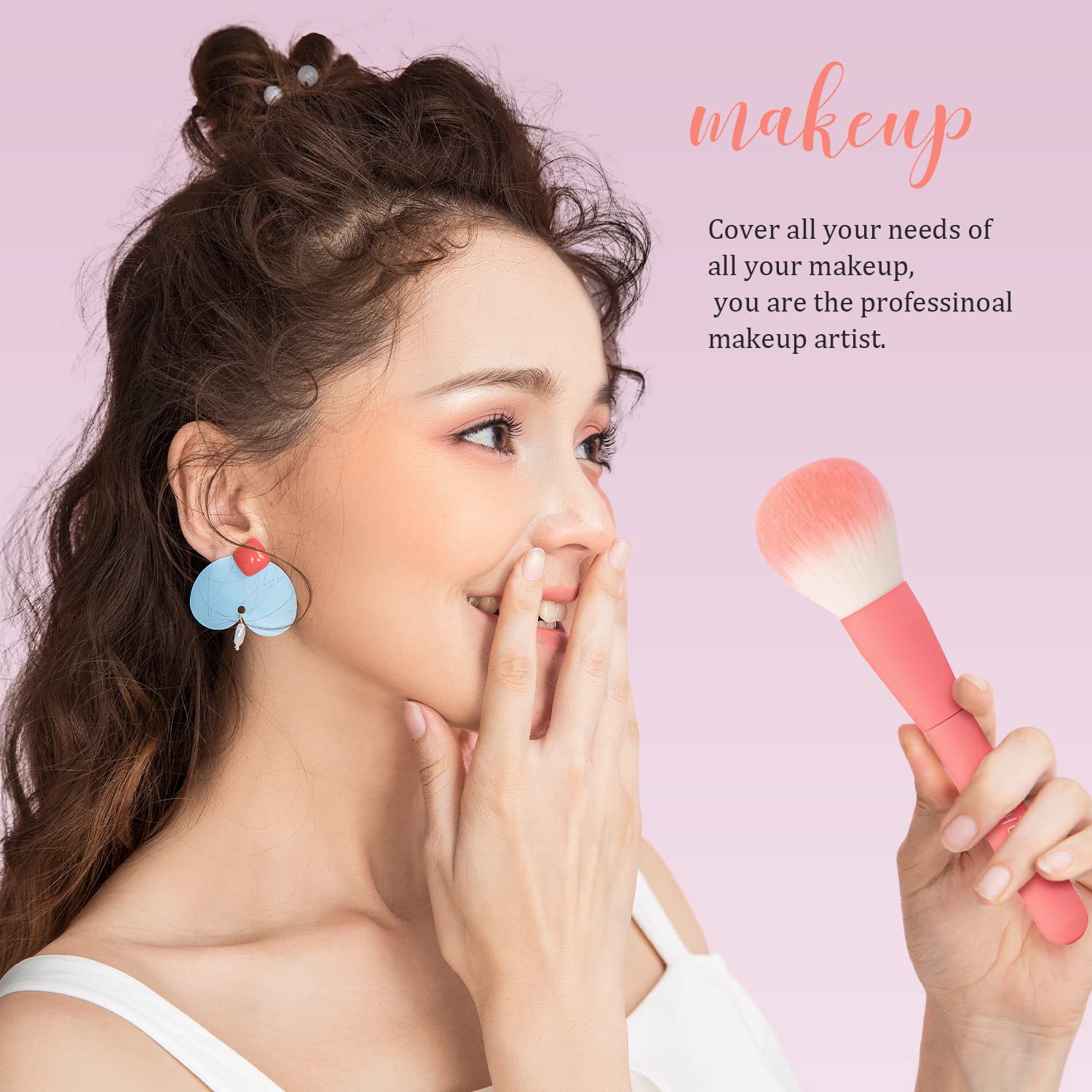 TEXAMO Professional Makeup Brushes for Powder Contour Blush Bronzer Highlighter Blending Foundation Eyeshadow Eyebrow Eyeliner Lip Brush, Makeup Brush Set of 15, Pink