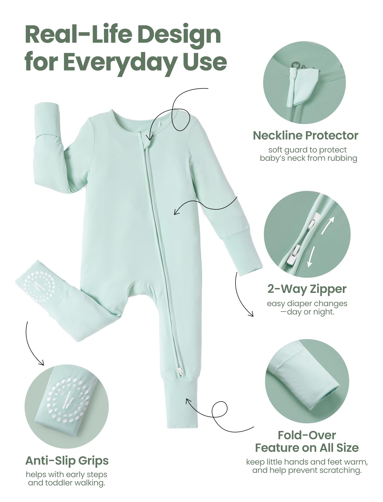 PATPAT NB-2T Babyfuß, Bambusviskose, 2er-Pack mit rutschfesten Griffen | 2-Wege-Reißverschluss, umklappbare Fäustlinge und Bündchen, super weich, dehnbar und langlebig, atmungsaktive Faser