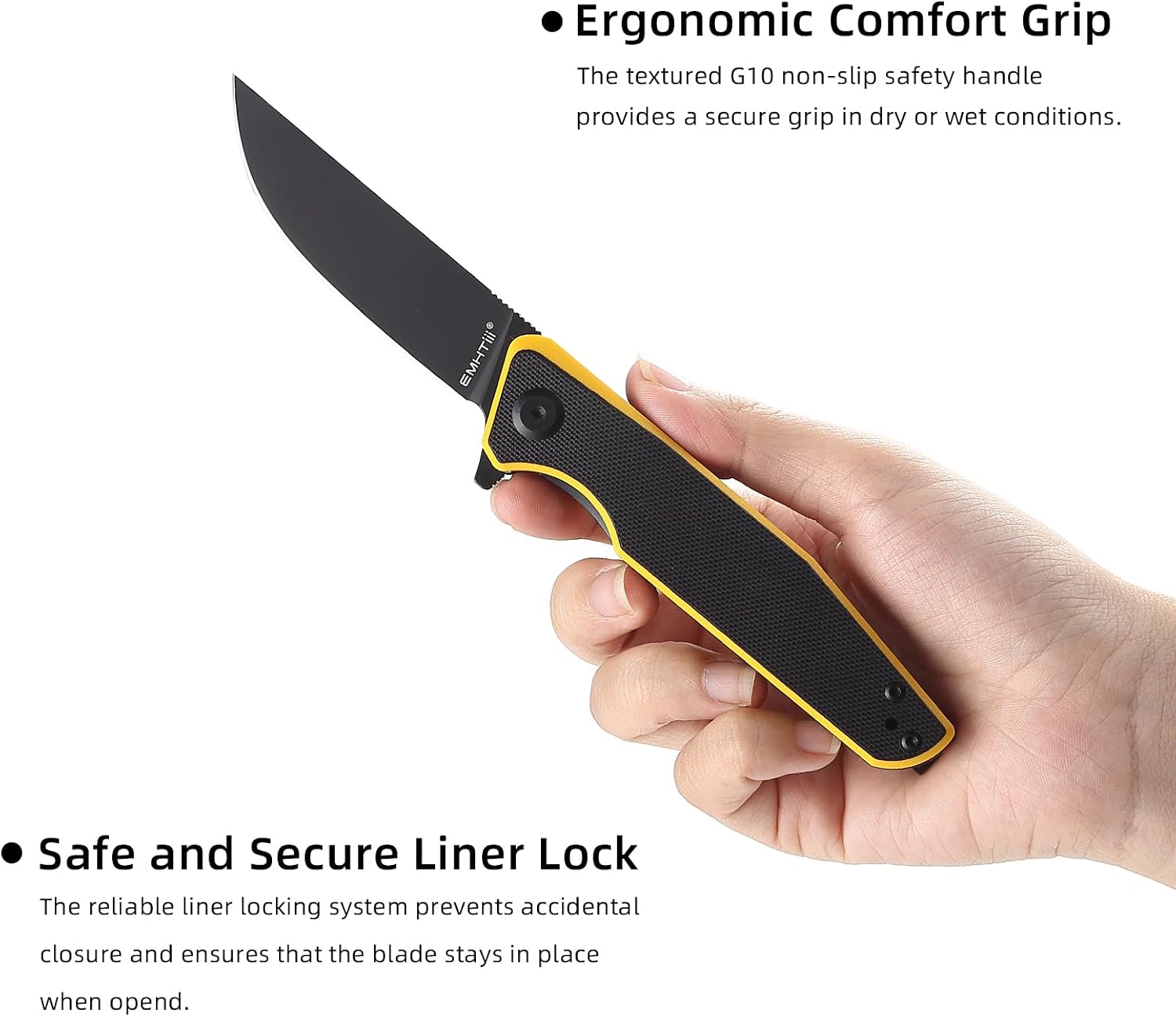 Flipper Folding Pocket Knife with D2 Steel Clip Point Black Blade, G10 Scales, Liner Lock, Reversible Clip, EDC Knives for Camping Hiking, E044, Black Yellow