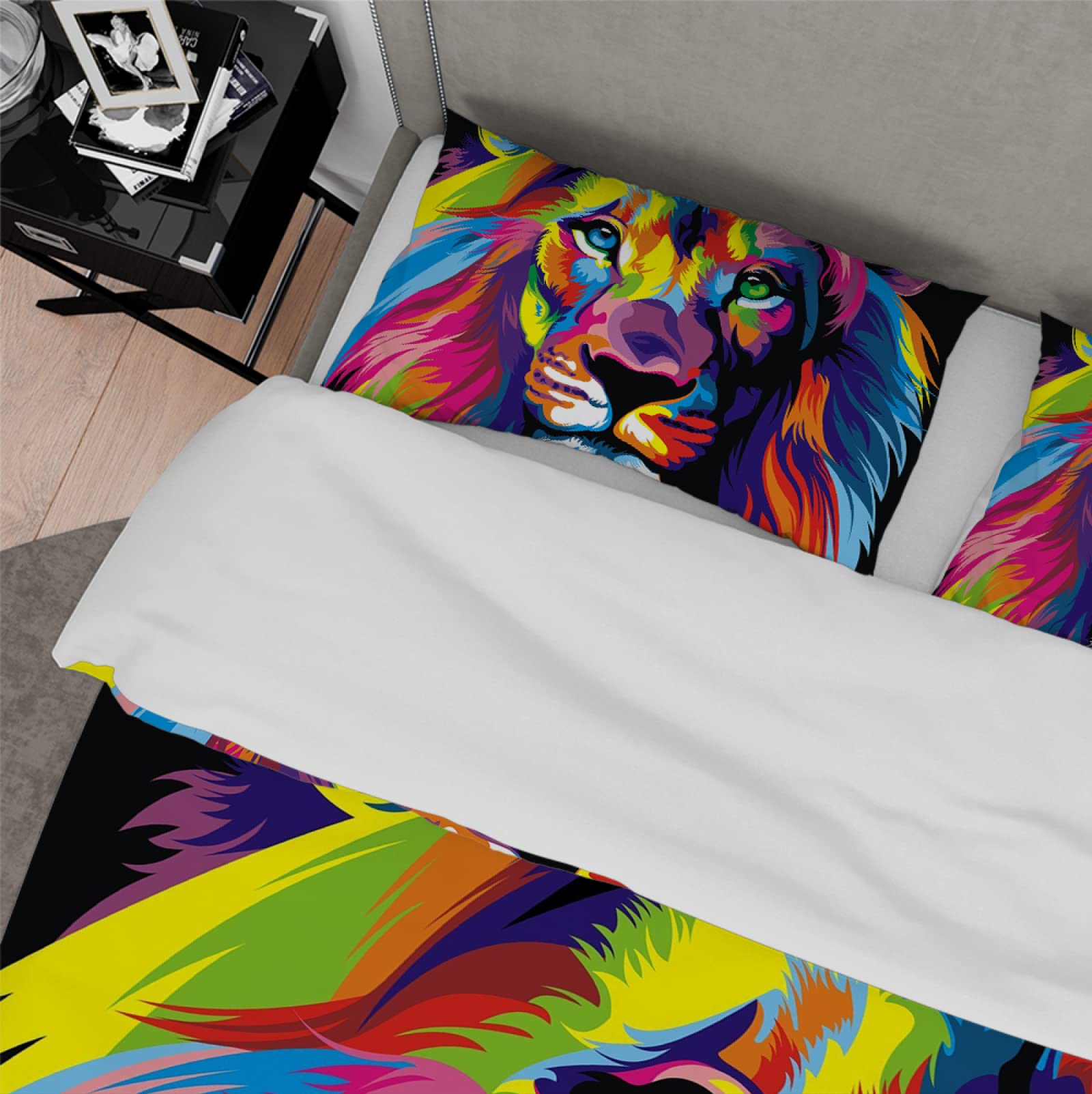 Zabawne Zwierzę Koc na kołdrę Kolorowy Lew Koc z 2 poduszkami Cute Wildlife Theme 3-częściowy miękki zestaw pościeli dla dzieci 155 x 200 cm