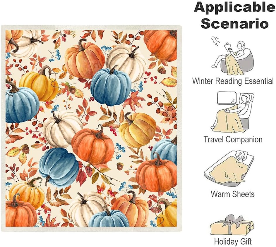 Fall Pumpkins Throw Blanket, Autumn Orange White Blue Pumpkins Leaves and Berries Soft Warm Fleece Blanket for Living Room Couch Bed Chair or Dorm, 50"x60" - Image 5