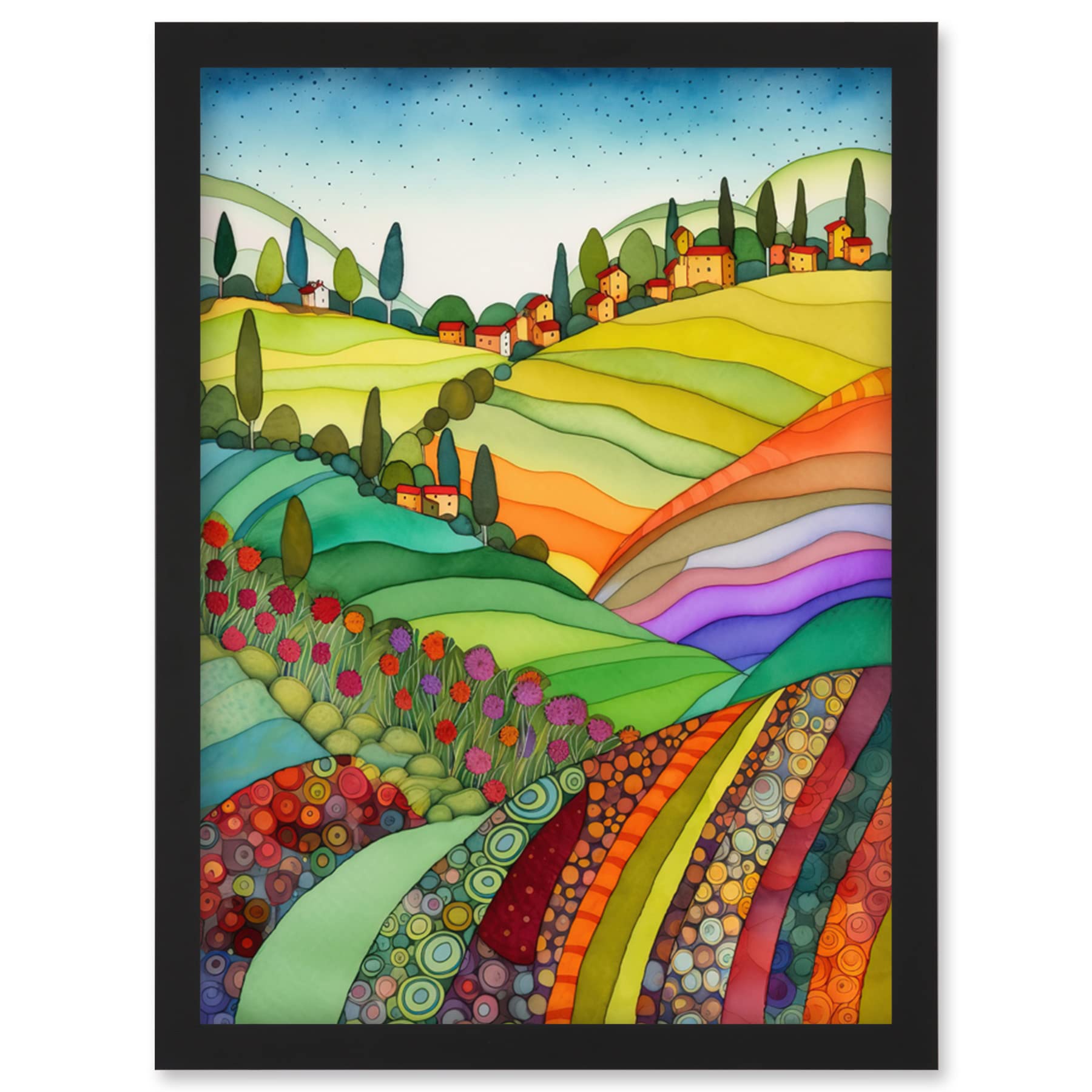 Artery8 Abstract Tuscany Hills Landscape Folk Art Artwork Framed Wall Art Print A4