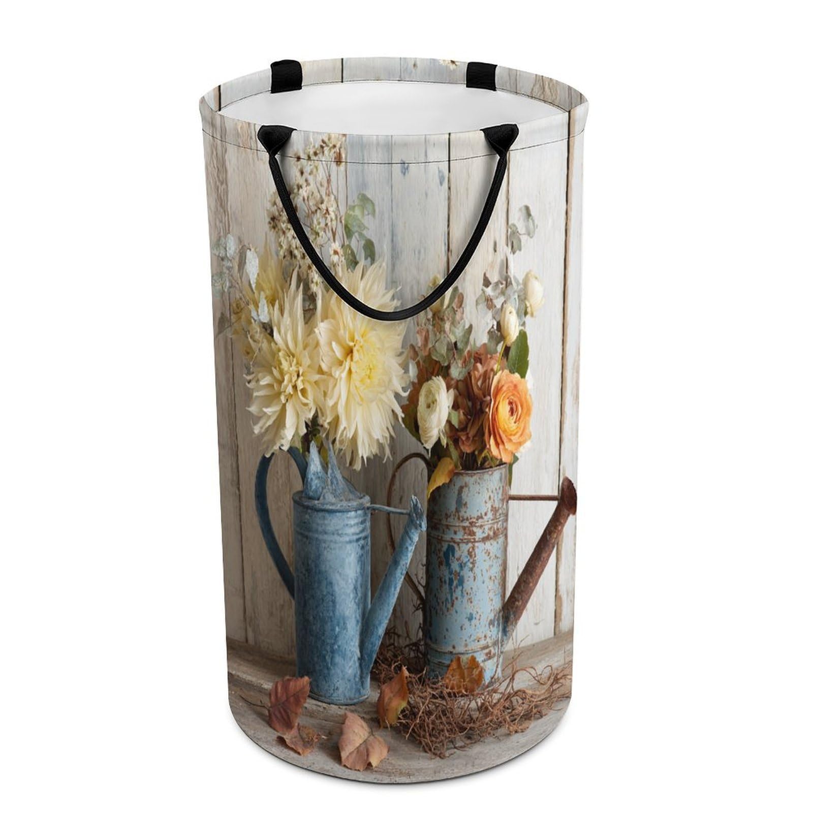 LUYYSKY Beautiful Realistic Floral Pattern Versatile Storage Laundry Basket, Classic Vintage Wooden Board Botanical Plant Flowers Large Capacity Bathroom Hamper With Handle