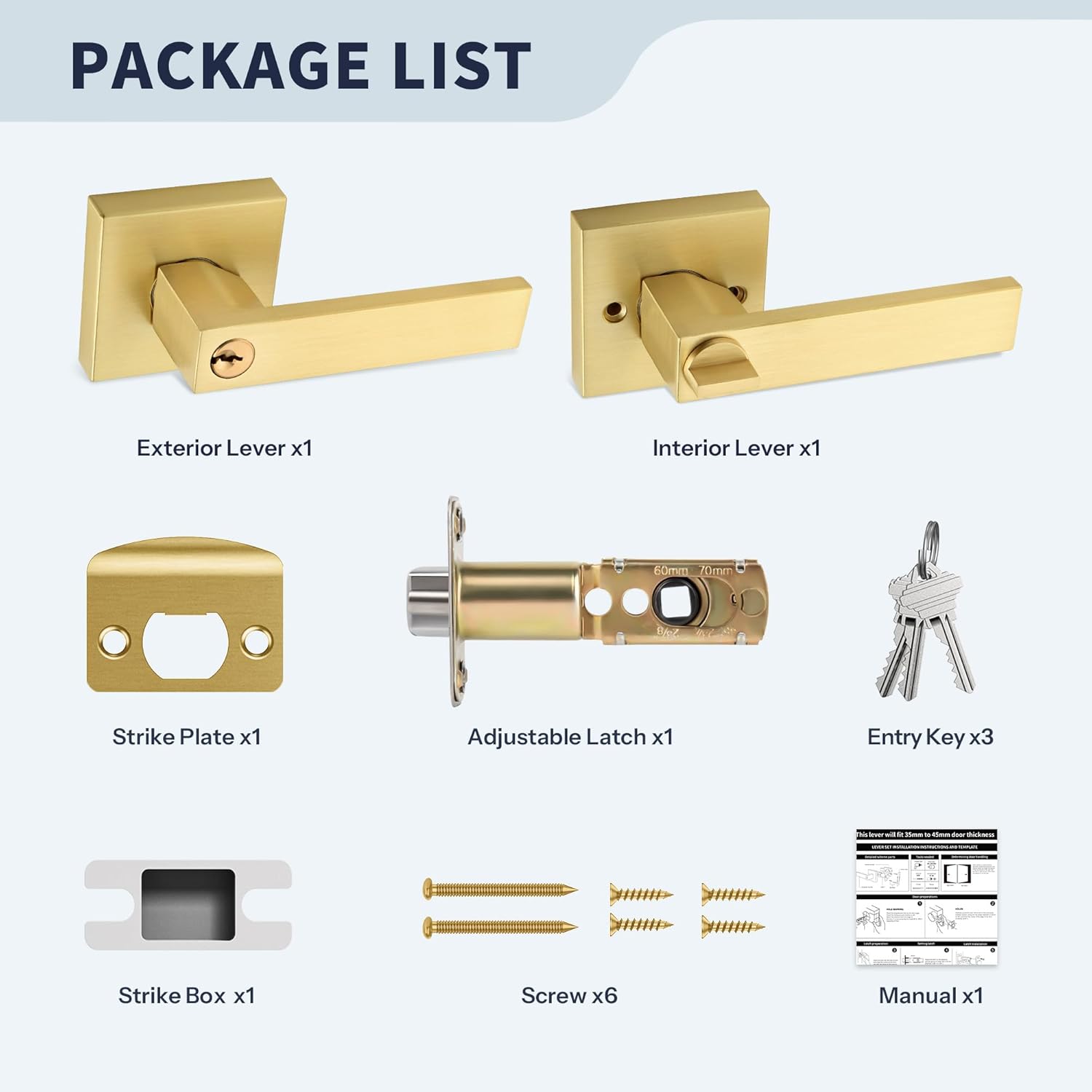 Square Gold Door Handles with Lock and Key (Keyed Differently), Brushed Gold Reversible Door Lever, Heavy-Duty Interior/Exterior Gold Door Handle for Bedroom and Bathroom, Satin Brass, 10 Pack