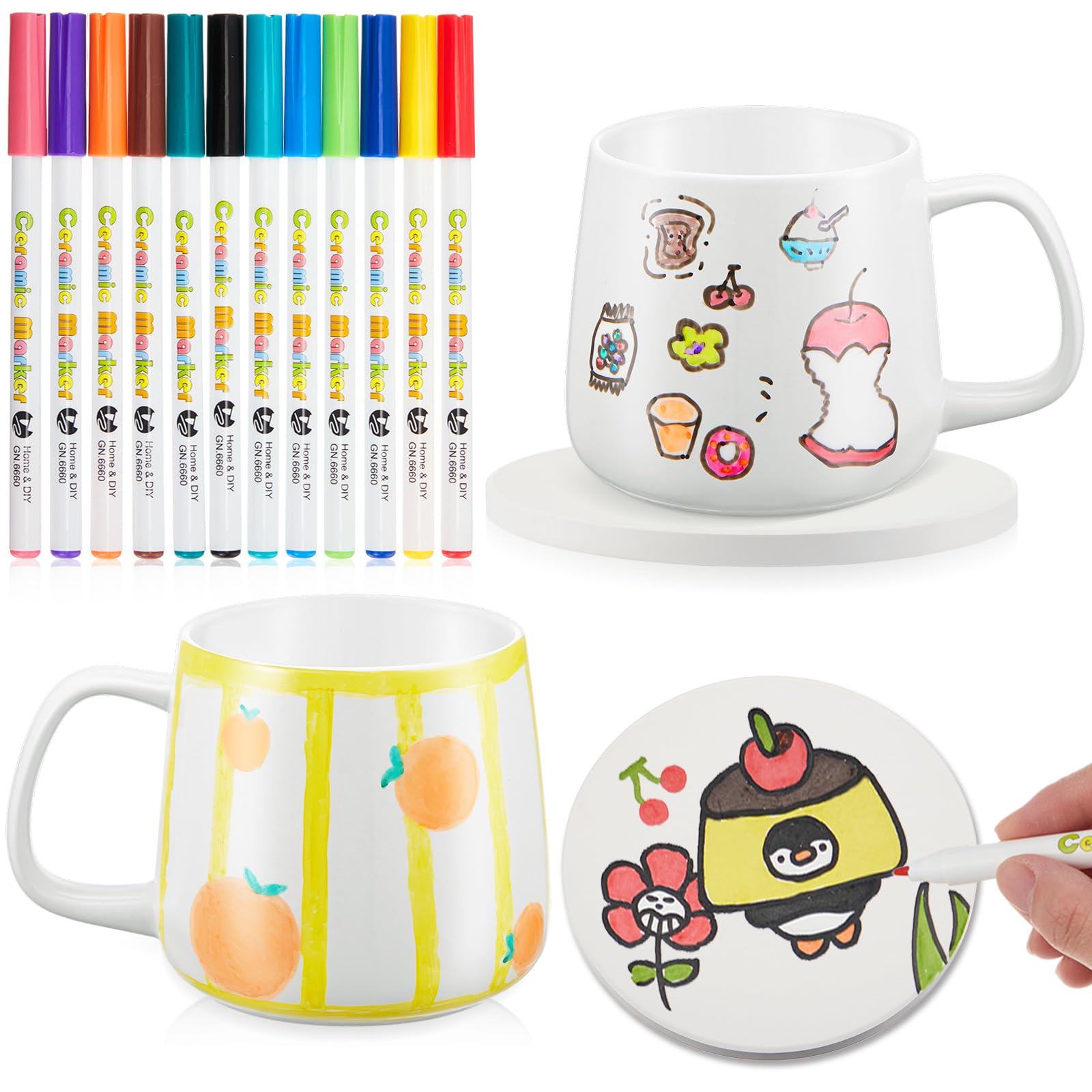 Geiserailie 2 Tazas de Cerámica Blanca para Pintar con 2 Posavasos 12 Bolígrafos Porcelana Set de Manualidades Taza de Café con Asa Regalo para San Valentín Bricolaje Cumpleaños DIY(Panza Grande)