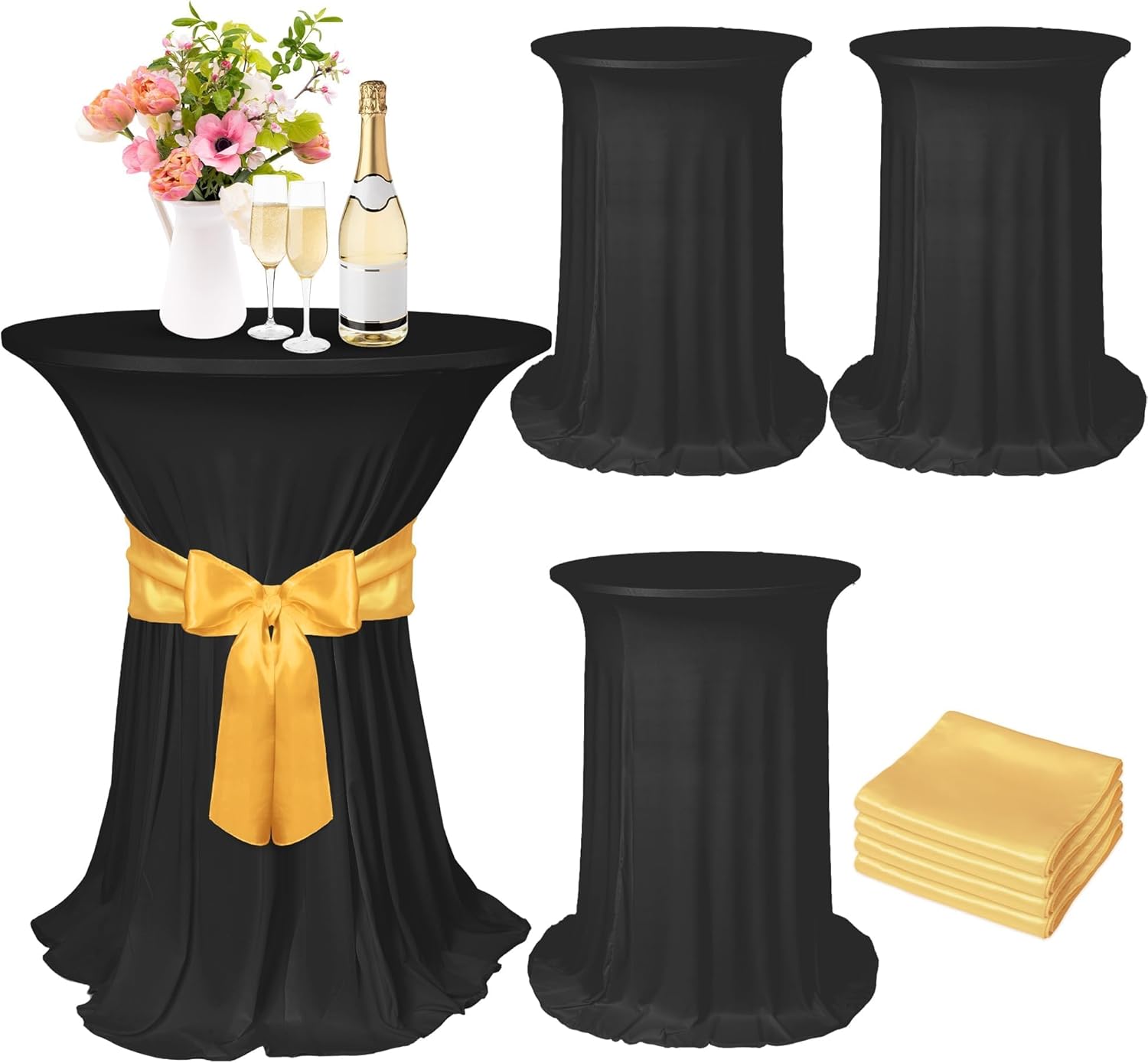 Kochorie 4 Set Cocktail Table Covers with Satin Sash, 32 x 43 Inch Round Cocktail Table Skirt, Spandex Stretch High Top Tablecloth for Wedding Banquet Birthday Party Decorations, (Black, Gold)
