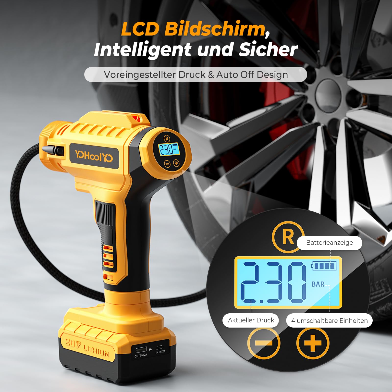 YOHOOLYO Luftpumpe Akku Kompressor Luftkompressor Handkompressor Tragbare Elektrische Luftpumpe AutoOff mit Akku und Auto Netzteil Max 150 PSI für Auto Motorrad und Fahrrad Gelb
