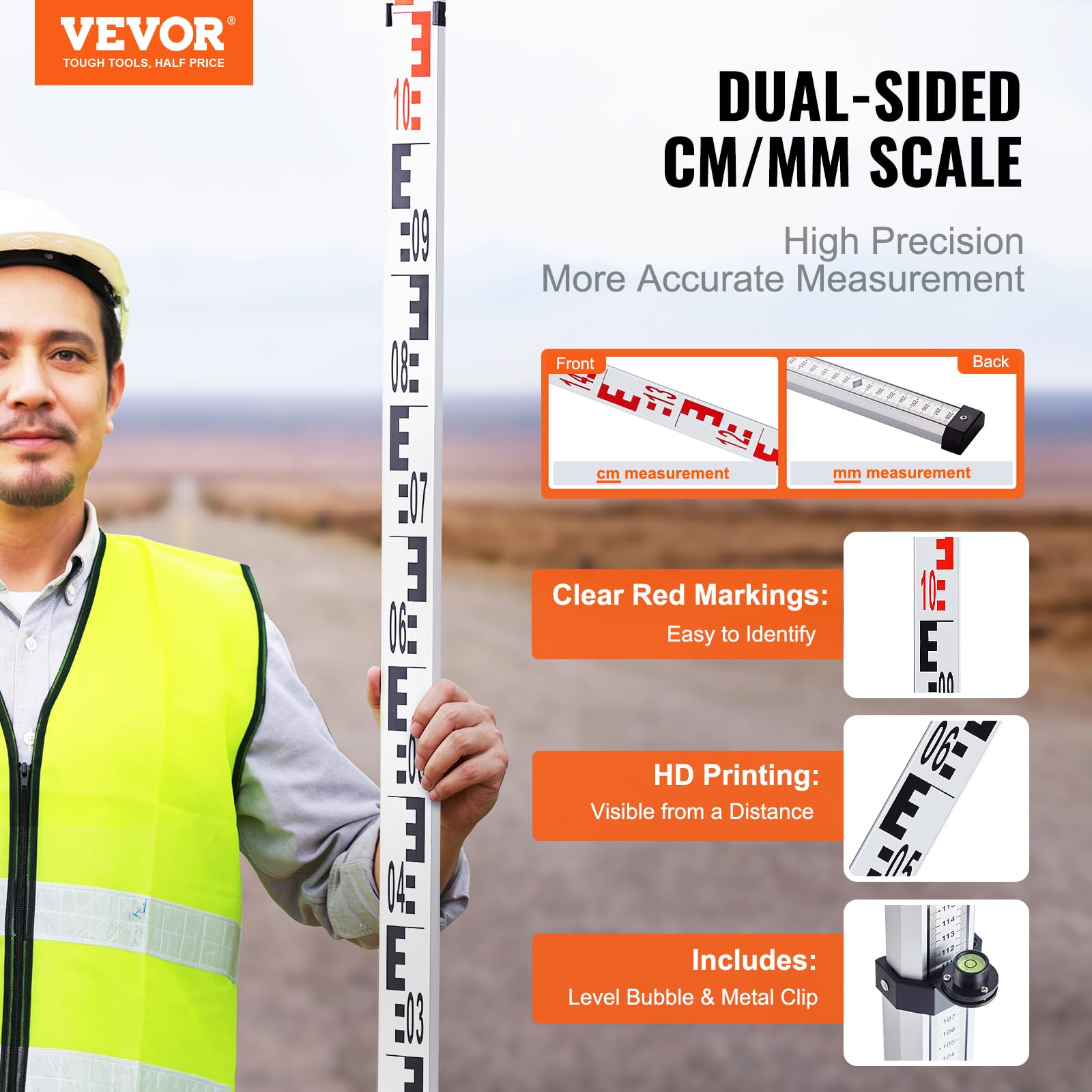 VEVOR Tige de mesure télescopique métrique 5 m, mire télescopique de mesure double face en cm/mm règle en alliage d'aluminium avec niveau à bulle et sac de transport pour mesurer maisons, murs, sols