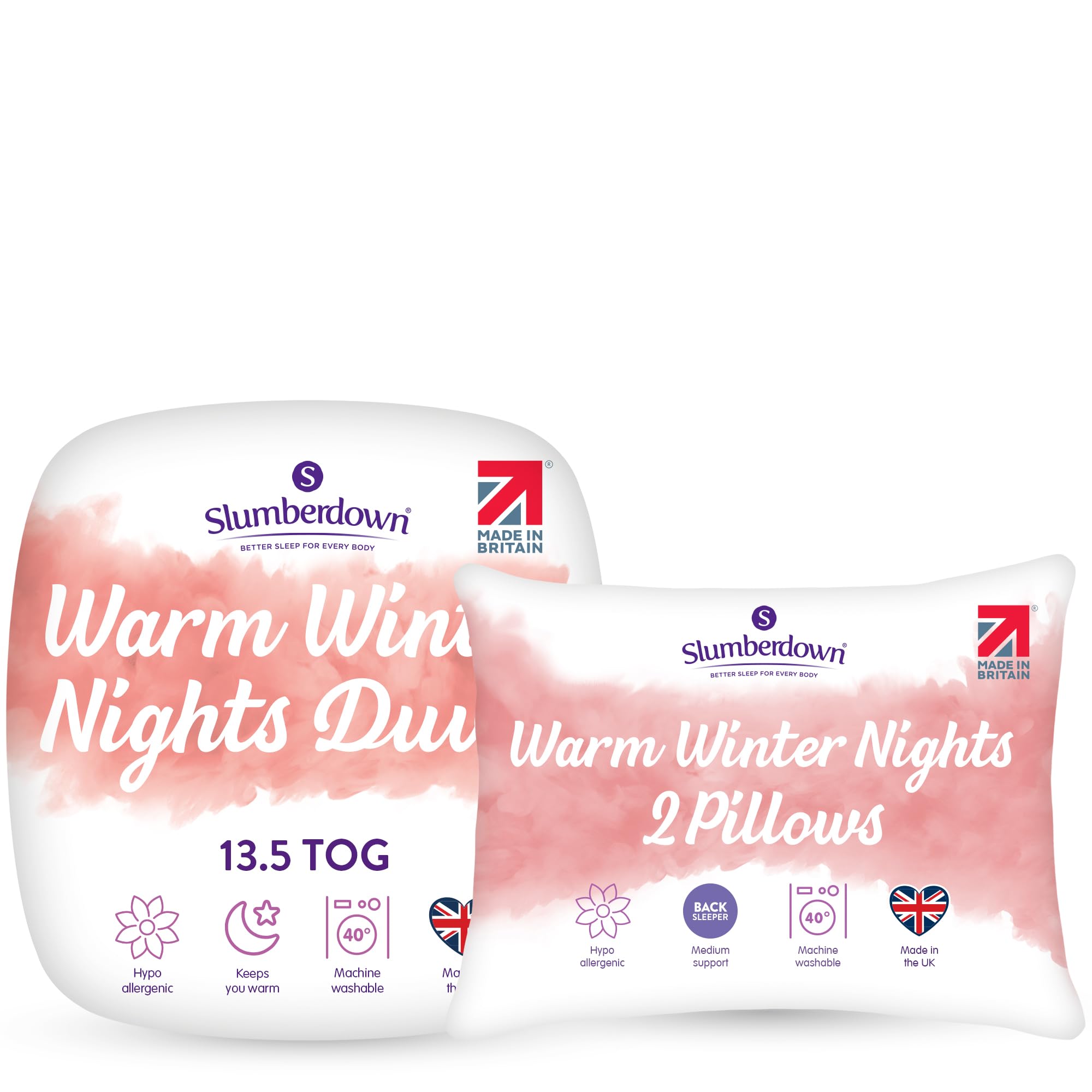 Slumberdown Warm Winter Nights King Size Duvet 13.5 Tog & 2 Pillows - Thick & Cosy Quilt for Cold Weather | Soft Touch Cover, Non-Allergenic, Washable UK-Made Bedding (225 x 220cm)