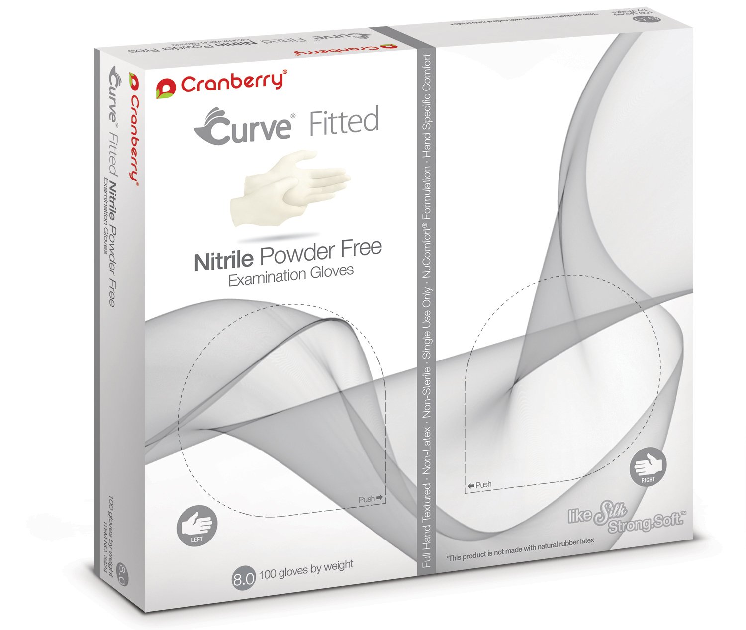 Cranberry USA Cranberry Curve Fitted White Nitrile Exam Gloves, Case of 1000, Size 8.0, 3.5 Mil