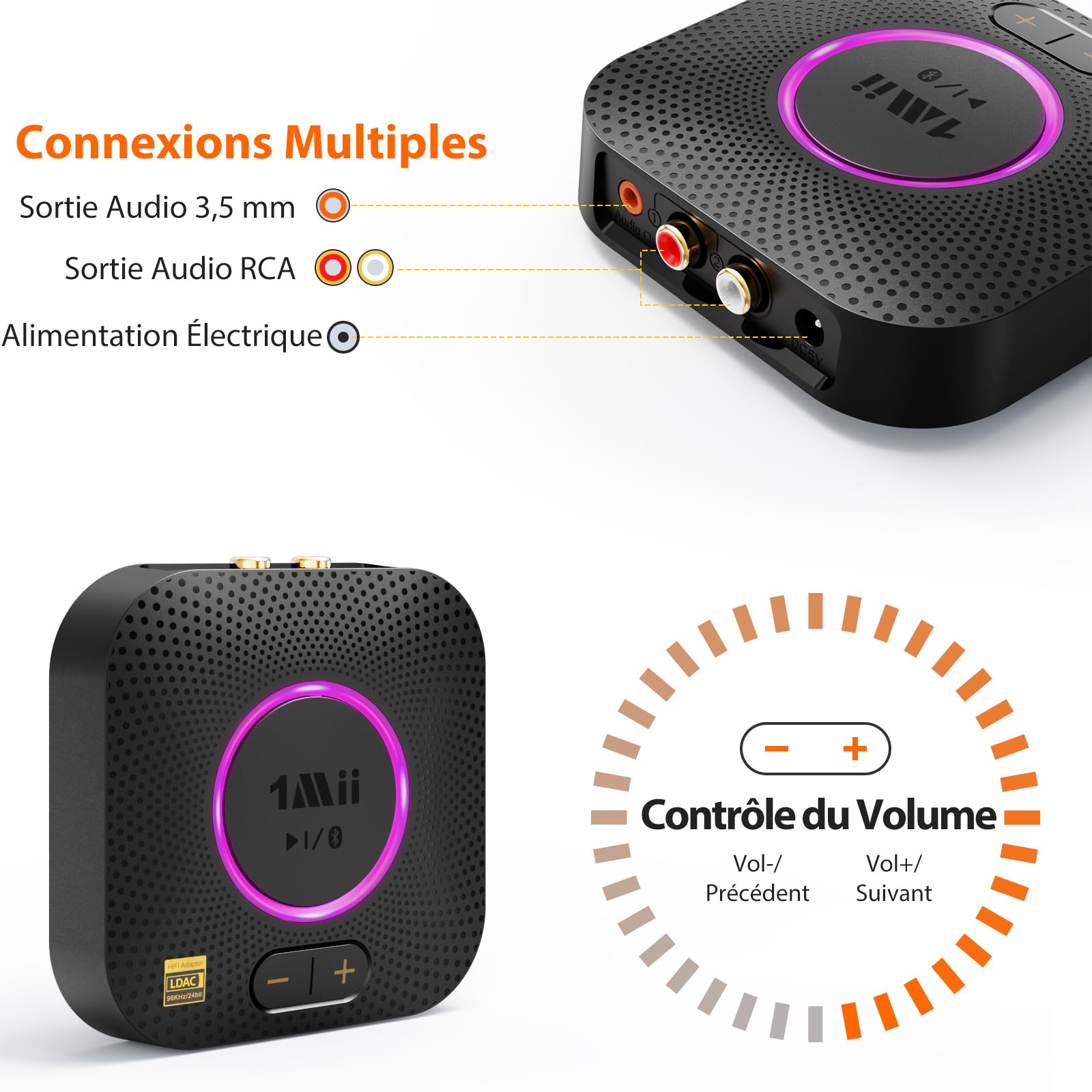 1Mii B06S+ LDAC Recepteur Bluetooth 5.3 Haute Résolution Stéréo à Domicile | Adaptateur Audio pour Musique sans Fil Hi‑Fi avec aptX HD/Faible Latence, Récepteur de Contrôle du Volume Longue Portée