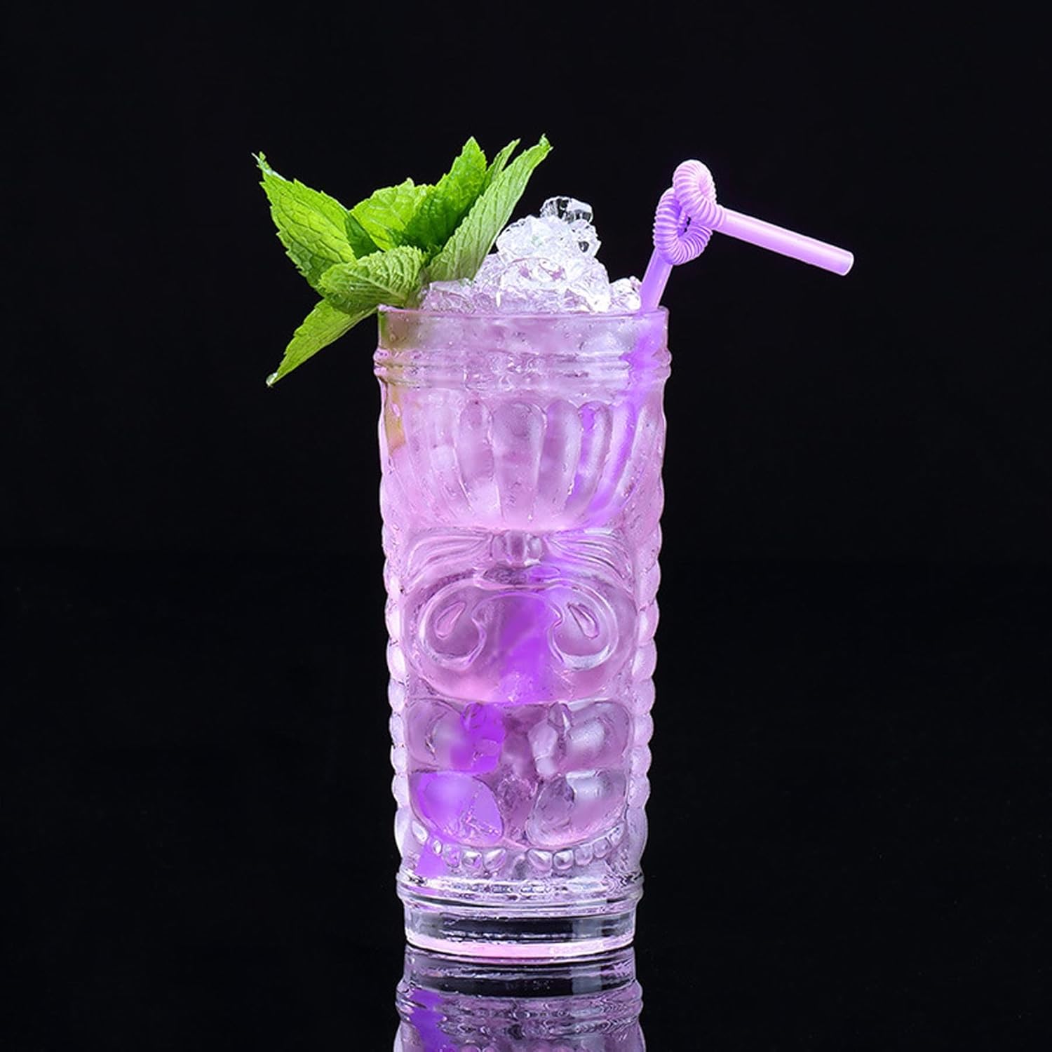 Tiki Glasses Set of 6 - 14 Oz Highball Glasses for Cocktails - Modern Clear Tropical Cups Tumbler Set - Mixed Drinking Glass for Hawaiian Bar Island Party Beverages Iced Tea