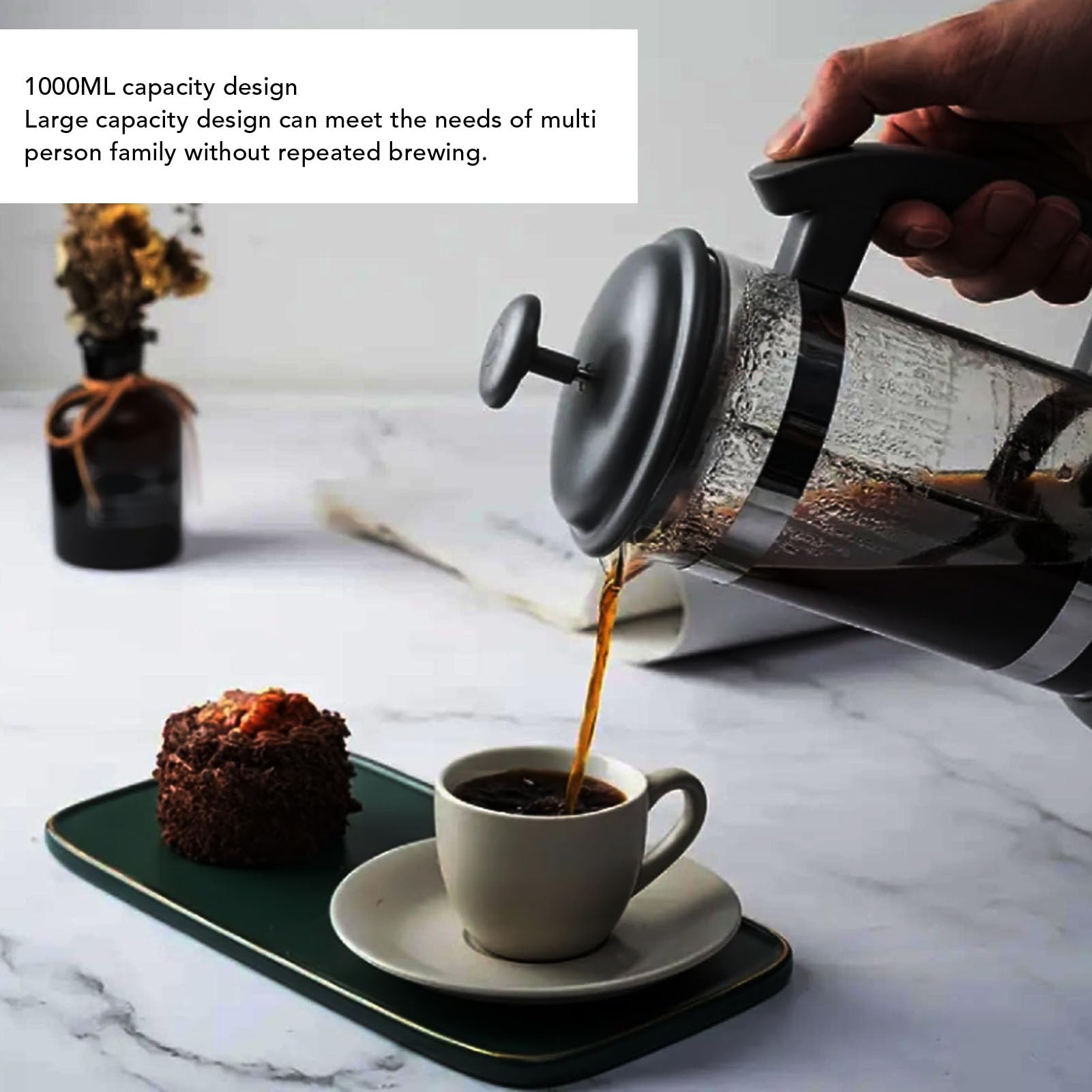 banapoy French Press Coffee Maker, 1000Ml Classic Glass Coffee Press Cold Brew Coffee Pot Tea Press, Heat Coffee Press for Travel Camping Home Kitchen