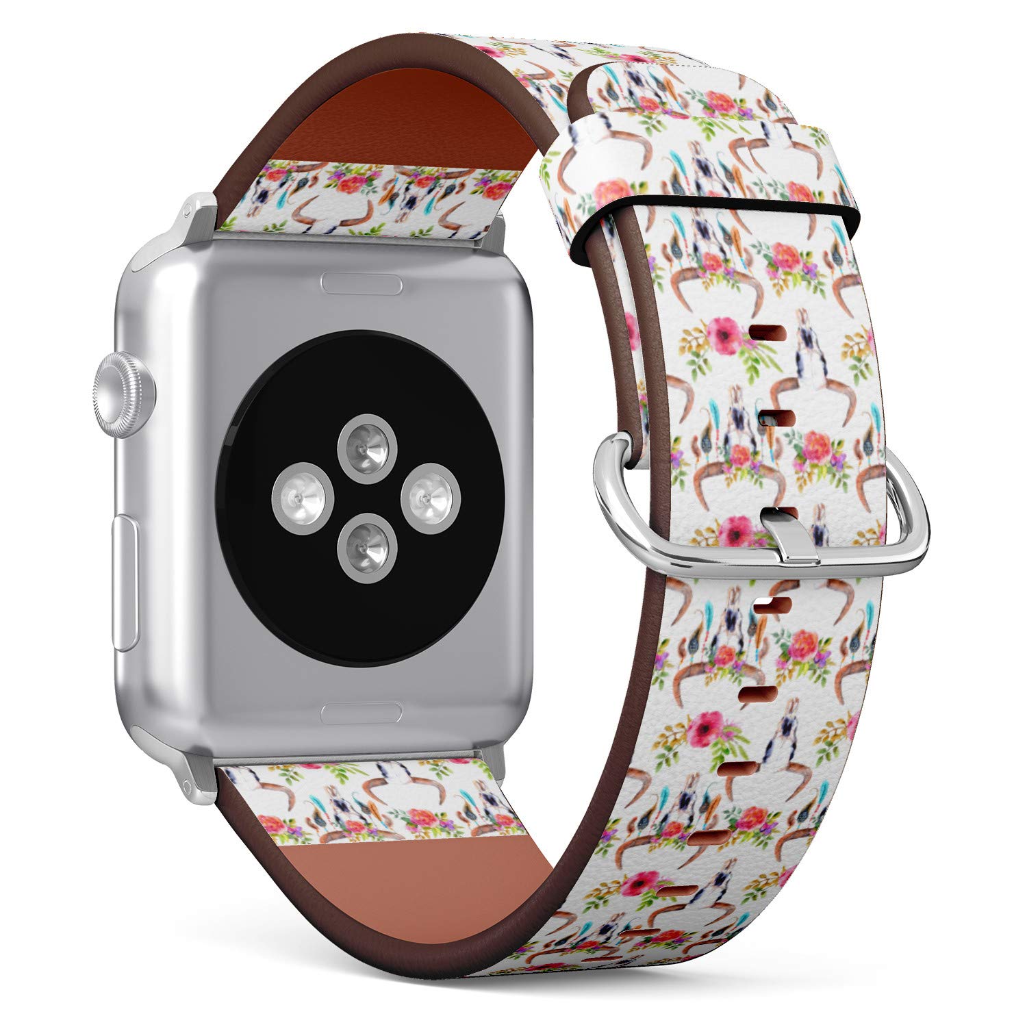 Boho Style?Bull Skull with Flowers and Feathers - Patterned Leather Wristband Strap Compatible with Apple Watch Series 4/3/2/1 38mm/40mm