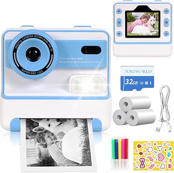 Instant Print Camera for Kids 1080p Printable Digital Camera Instant Picture with 2.4-in Screen 32G TF Card and 3 Rolls Print Paper Birthday Gift for 4-16 Boys Girls Teens Blue
