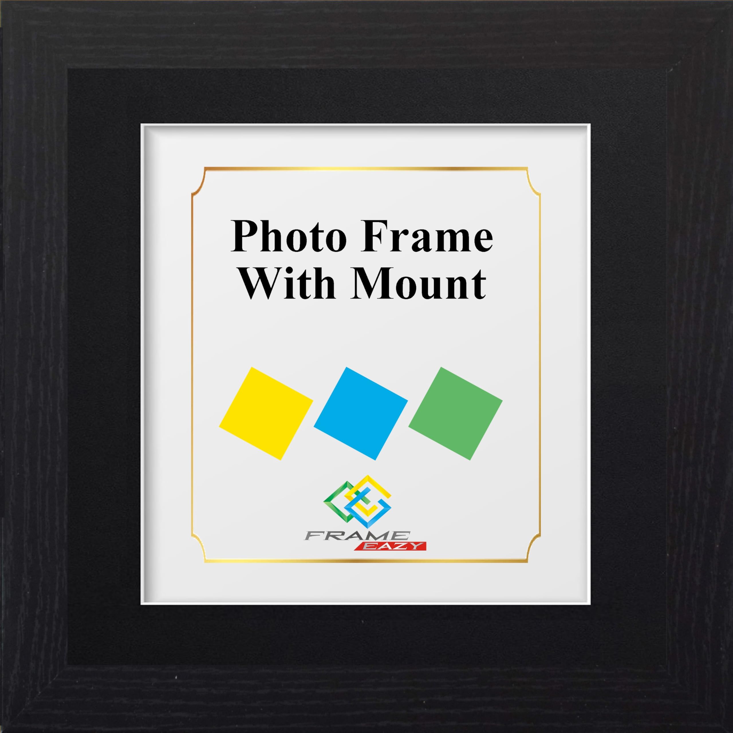 FRAME EAZY Square Black Photo Frame Picture Frame with Black Mount - Comes With Safe Perspex Front & Wall Hanging Hooks - Square Frame 14"x 14" Pic Size 12"x 12" Mount
