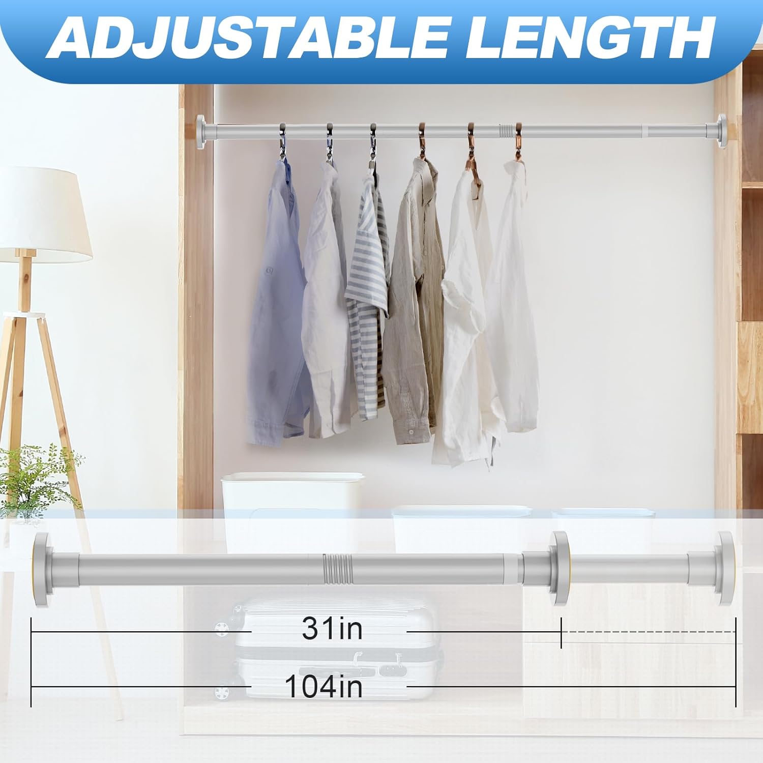 CorkLatta Silver Shower Curtain Rod 31 to 104 Inch,1 Inch Diameter Adjustable Spring Tension Curtain Rod No Drilling Stainless Steel Telescoping Rod,No Rust