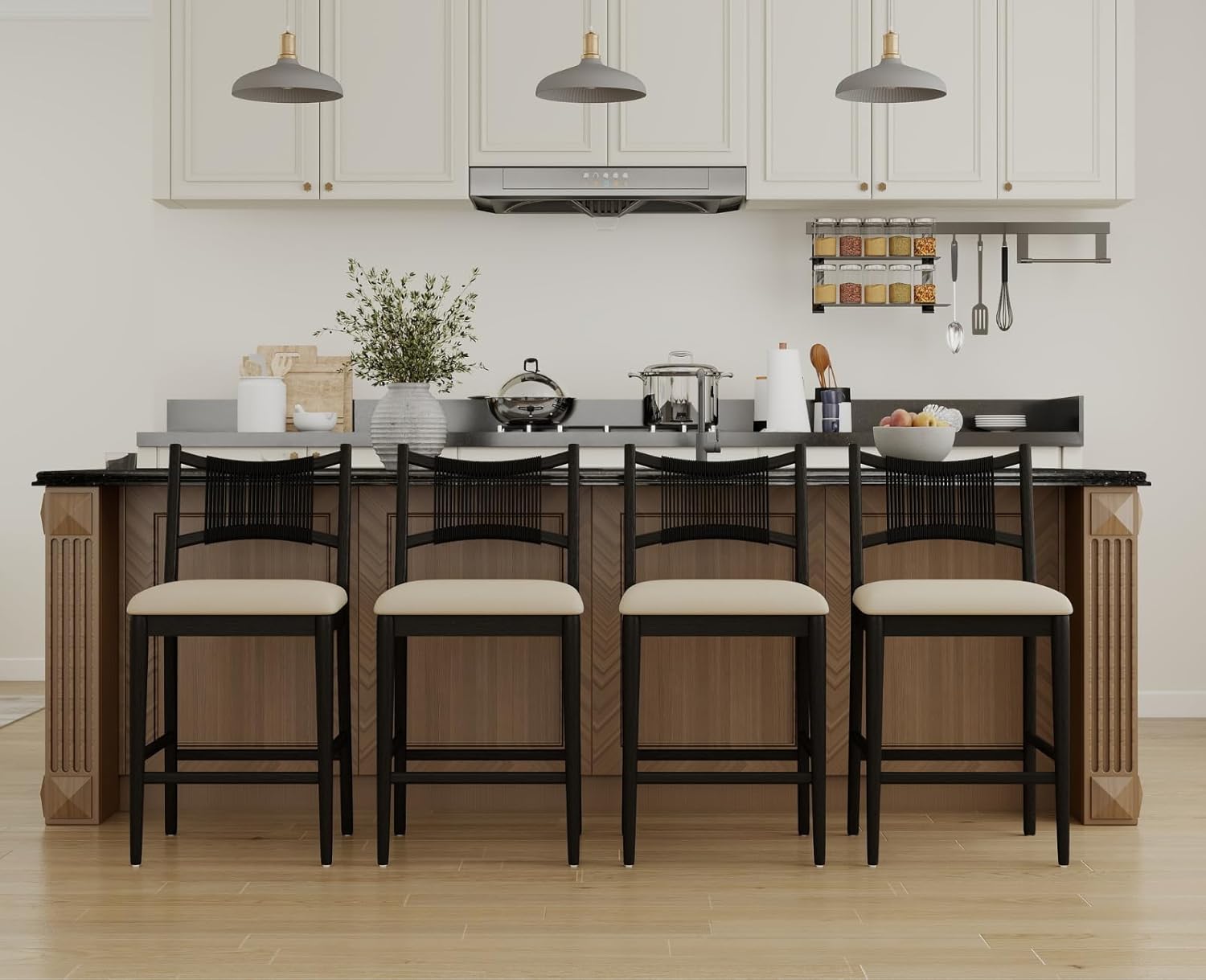 CIMOTA Farmhouse Counter Height Bar Stools with Woven Backs Set of 2, 25 Inch Kitchen Island Bar Chairs, Modern Boho Style, Upholstered Barstools Fits 35-40’’ Counters, Black Wood Legs, Chenille Beige
