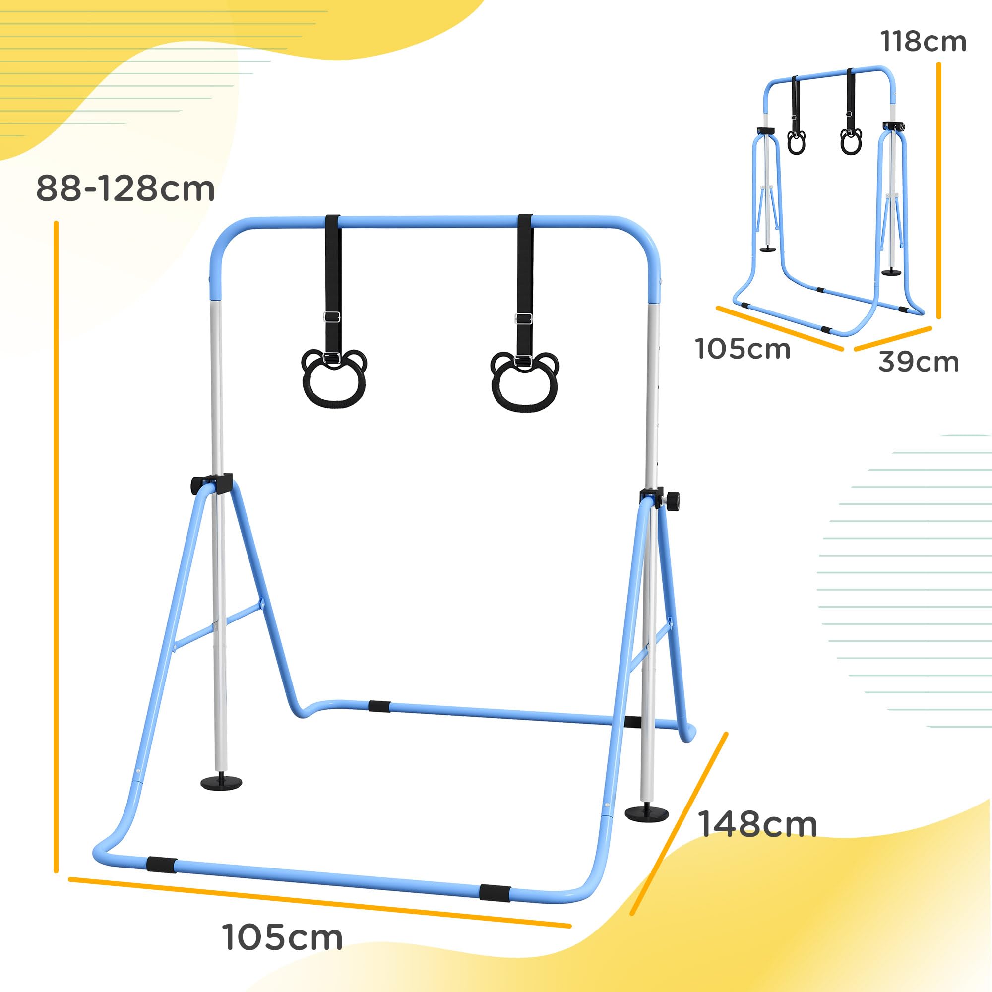 HOMCOM Barre de Gymnastique pour Enfants, Barre Horizontale, équipement de Gymnastique Pliable à Hauteur réglable 88-128 cm avec Anneaux de Gymnastique